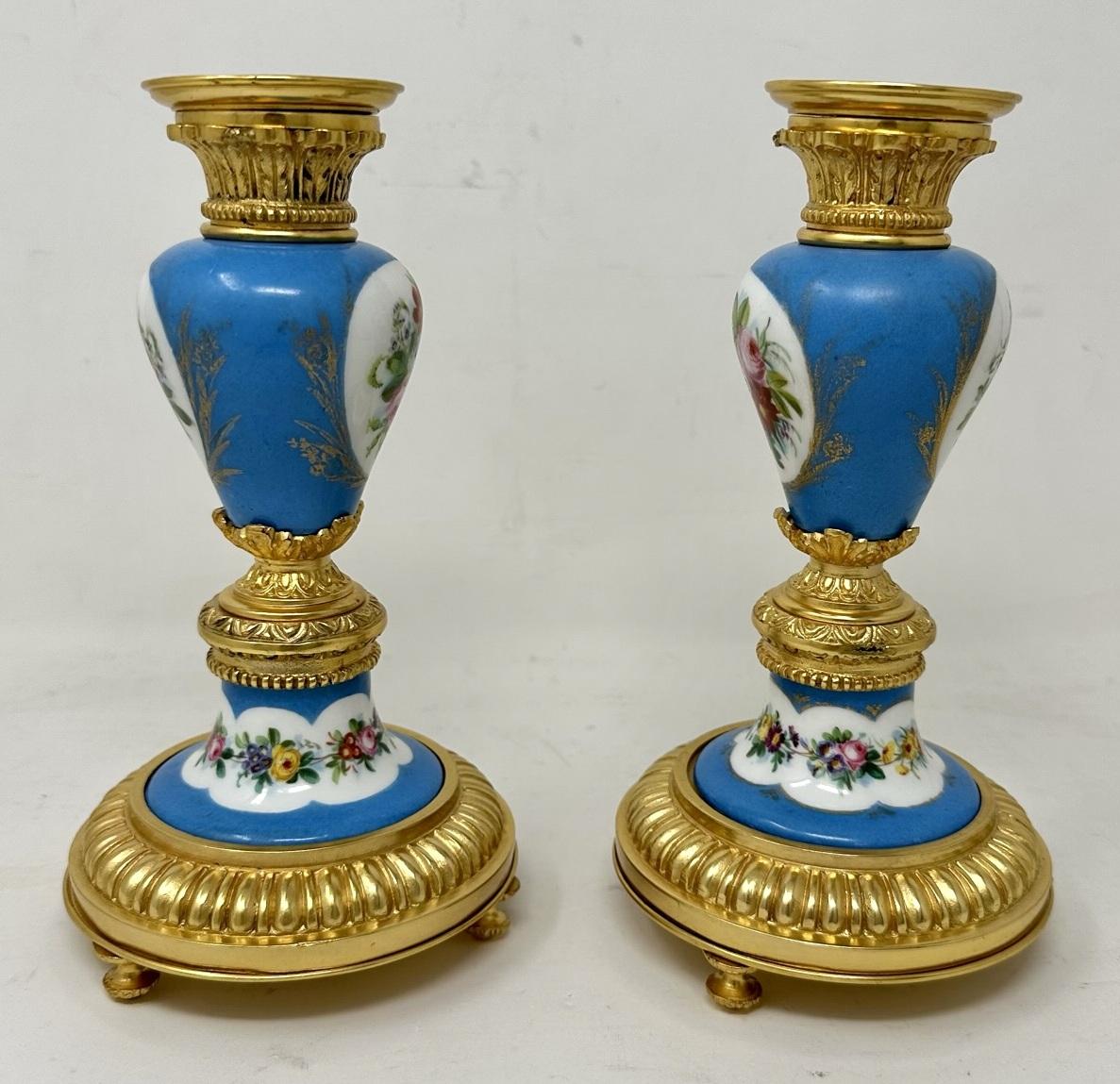 French Antique Pair Ormolu Sèvres Porcelain Gilt Bronze Celeste Candlesticks Candelabra