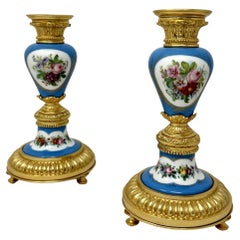 Antique Pair Ormolu Sèvres Porcelain Gilt Bronze Celeste Candlesticks Candelabra