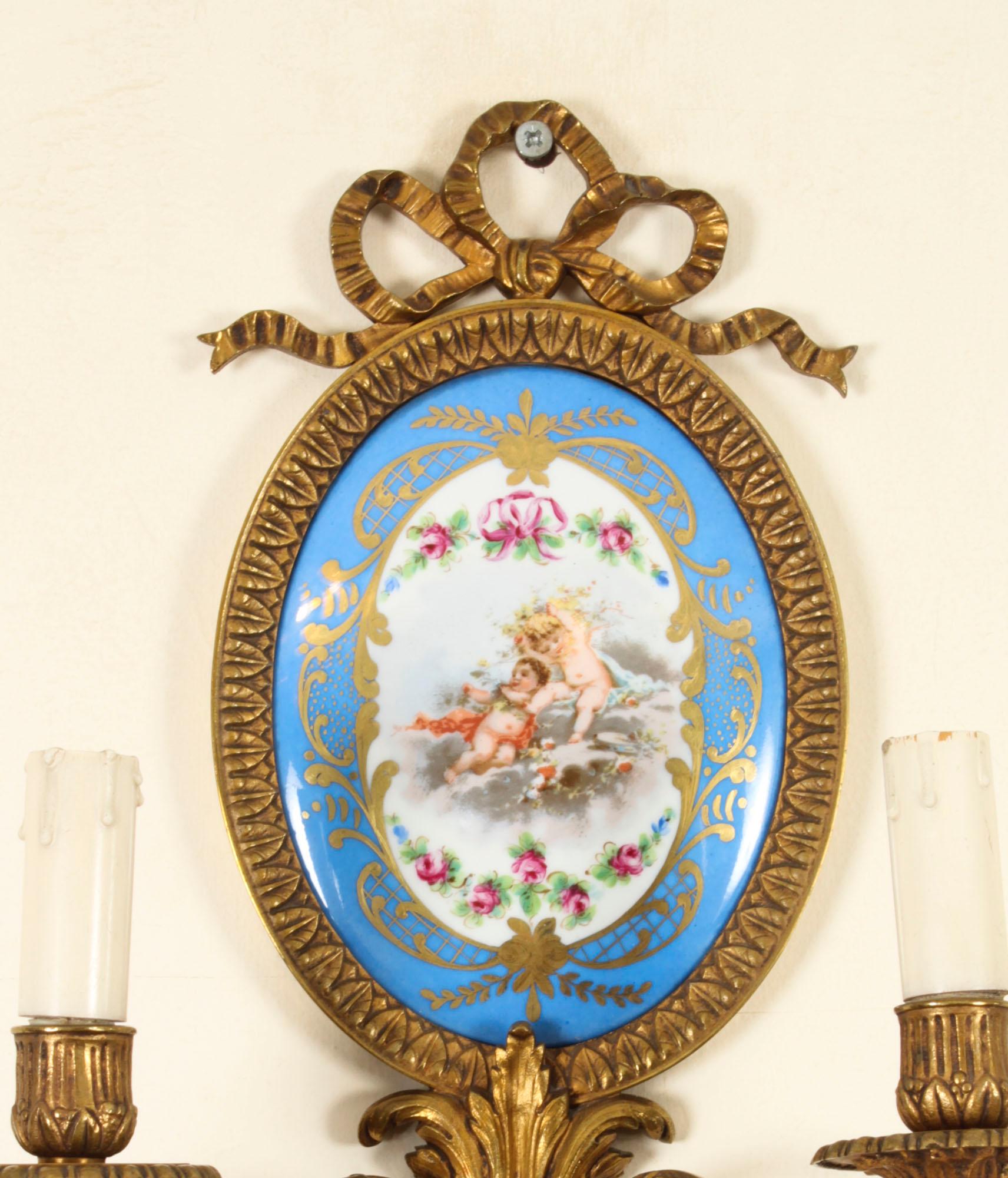 Antique Pair Ormolu & Sevres Porcelain Two Branch Wall Lights Sconces 19th C For Sale 6