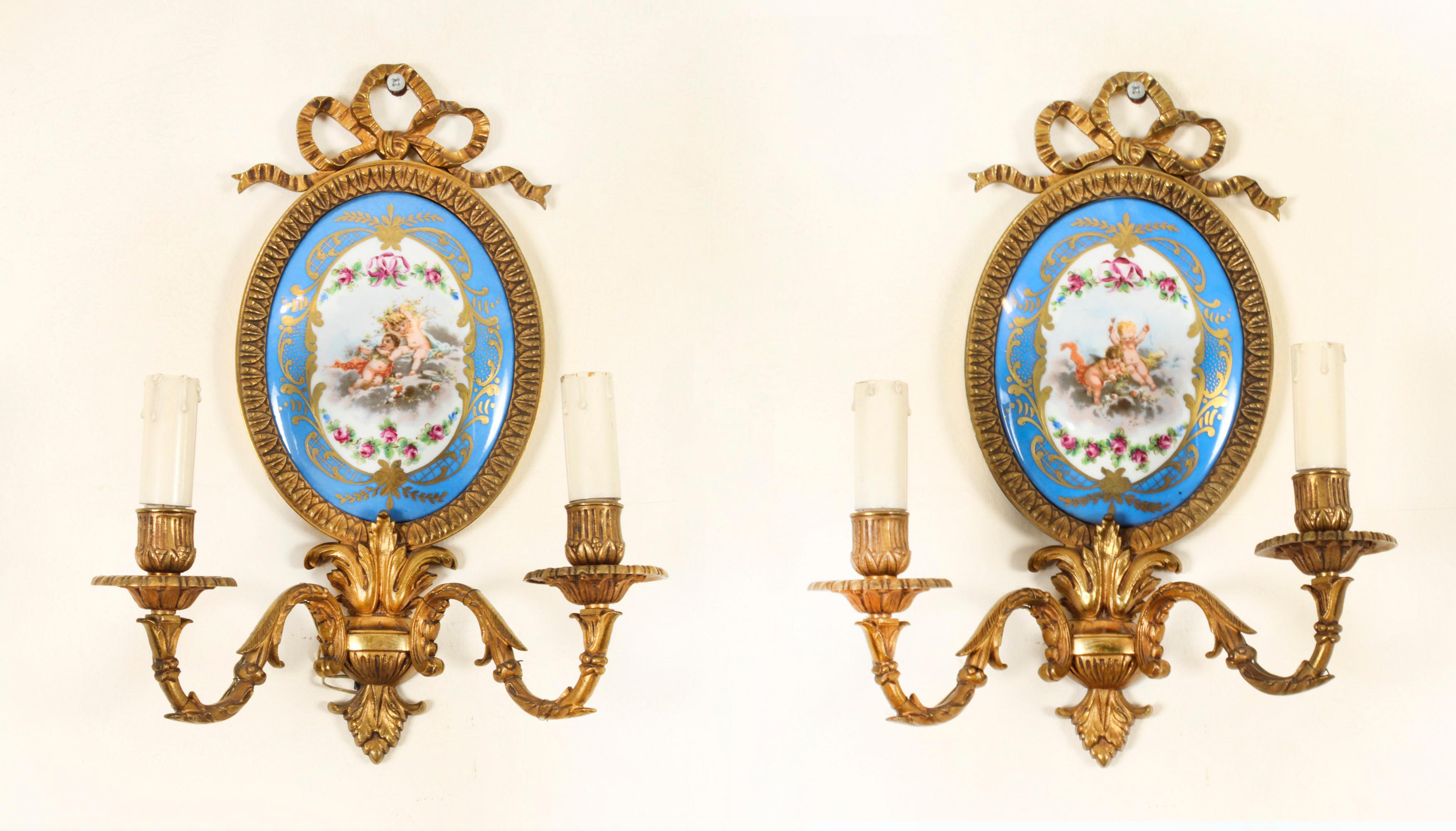 Antique Pair Ormolu & Sevres Porcelain Two Branch Wall Lights Sconces 19th C For Sale 10