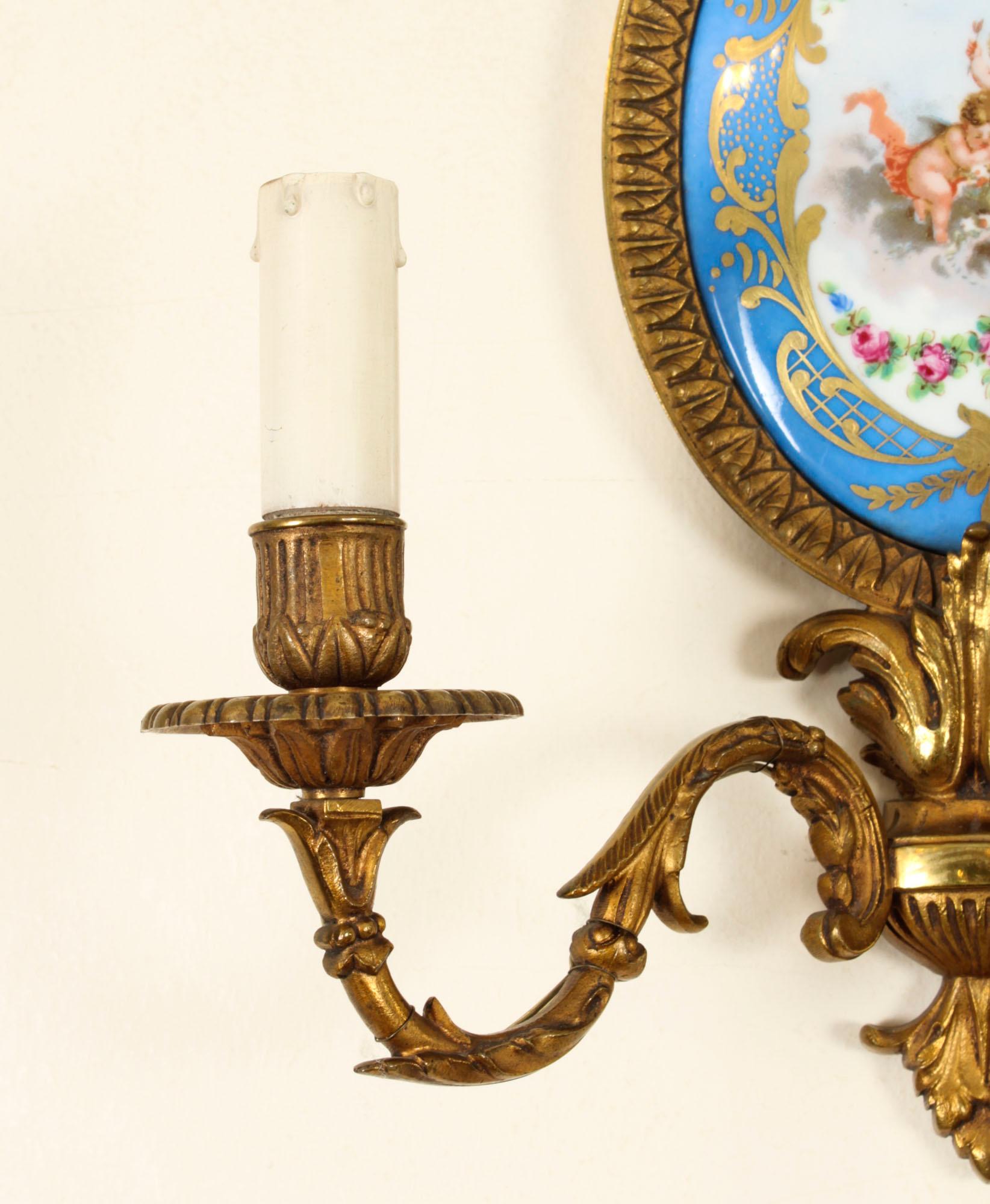 Antique Pair Ormolu & Sevres Porcelain Two Branch Wall Lights Sconces 19th C In Good Condition For Sale In London, GB