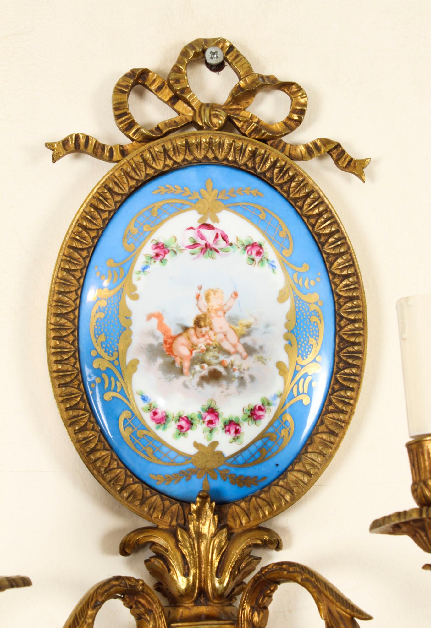 Late 19th Century Antique Pair Ormolu & Sevres Porcelain Two Branch Wall Lights Sconces 19th C For Sale