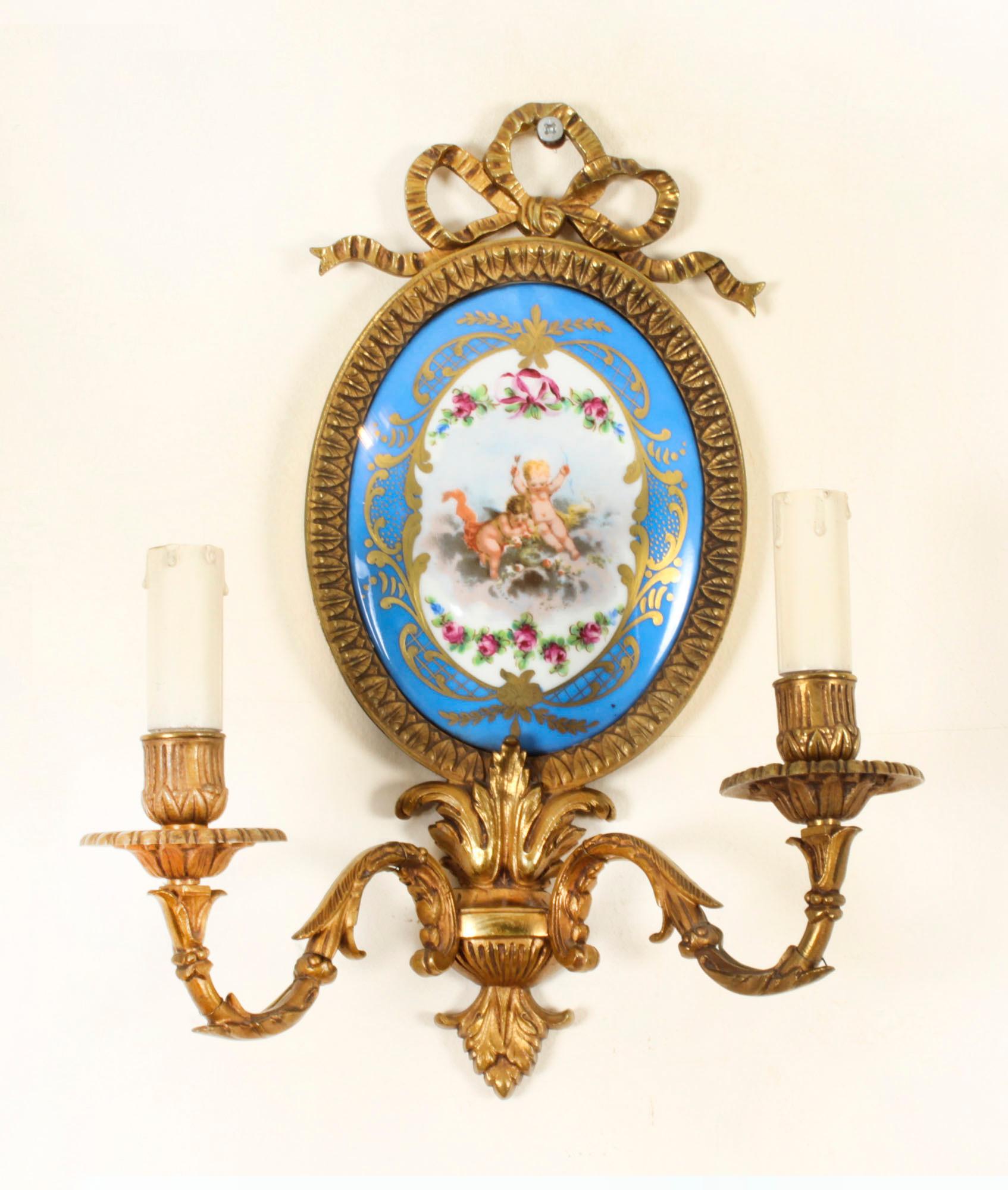 Antique Pair Ormolu & Sevres Porcelain Two Branch Wall Lights Sconces 19th C For Sale 5