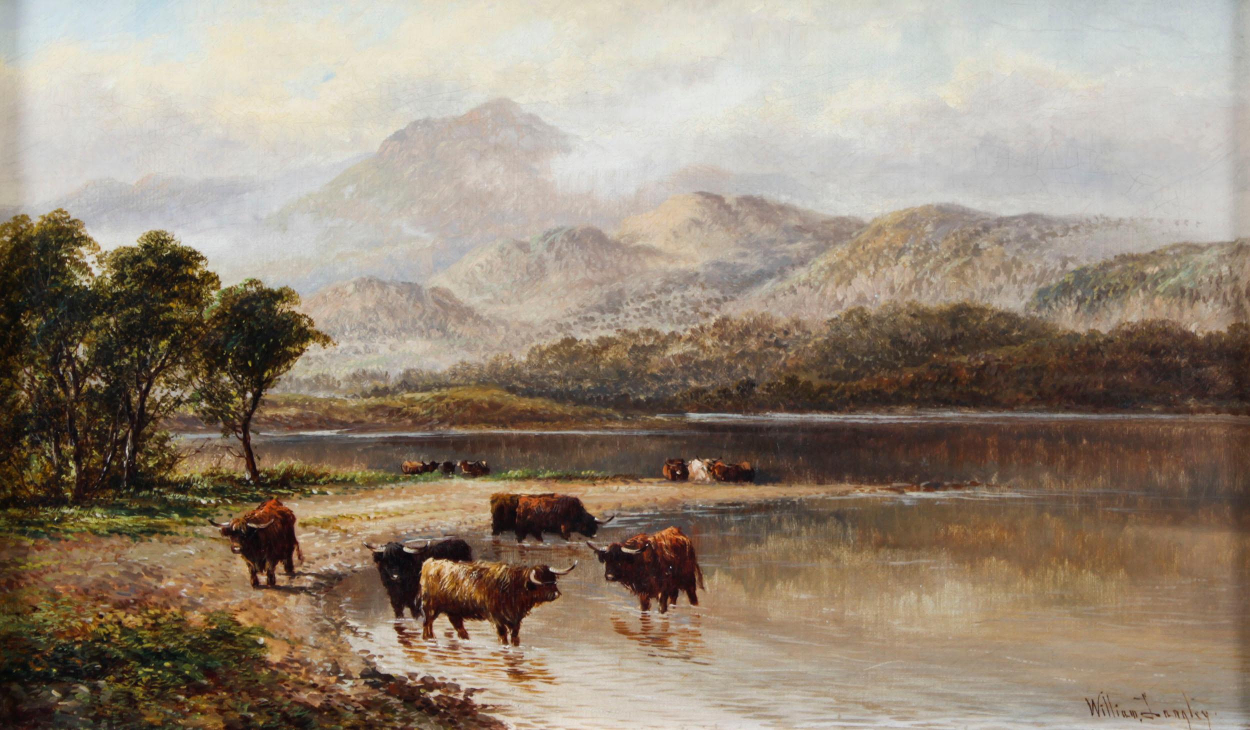 Antique Pair Paintings Highland Cattle' William Langley 19th Century 6