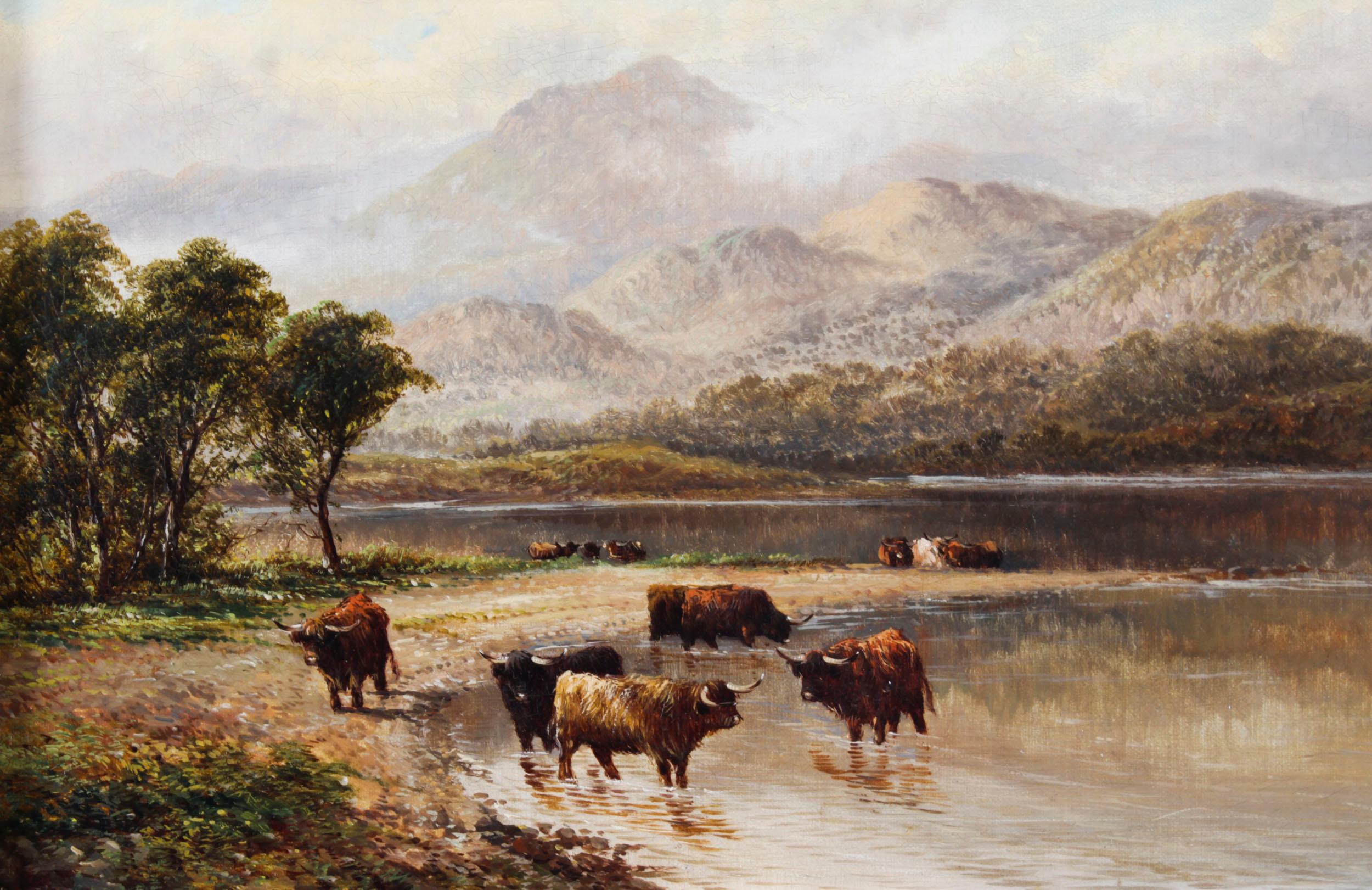 Antique Pair Paintings Highland Cattle' William Langley 19th Century 7