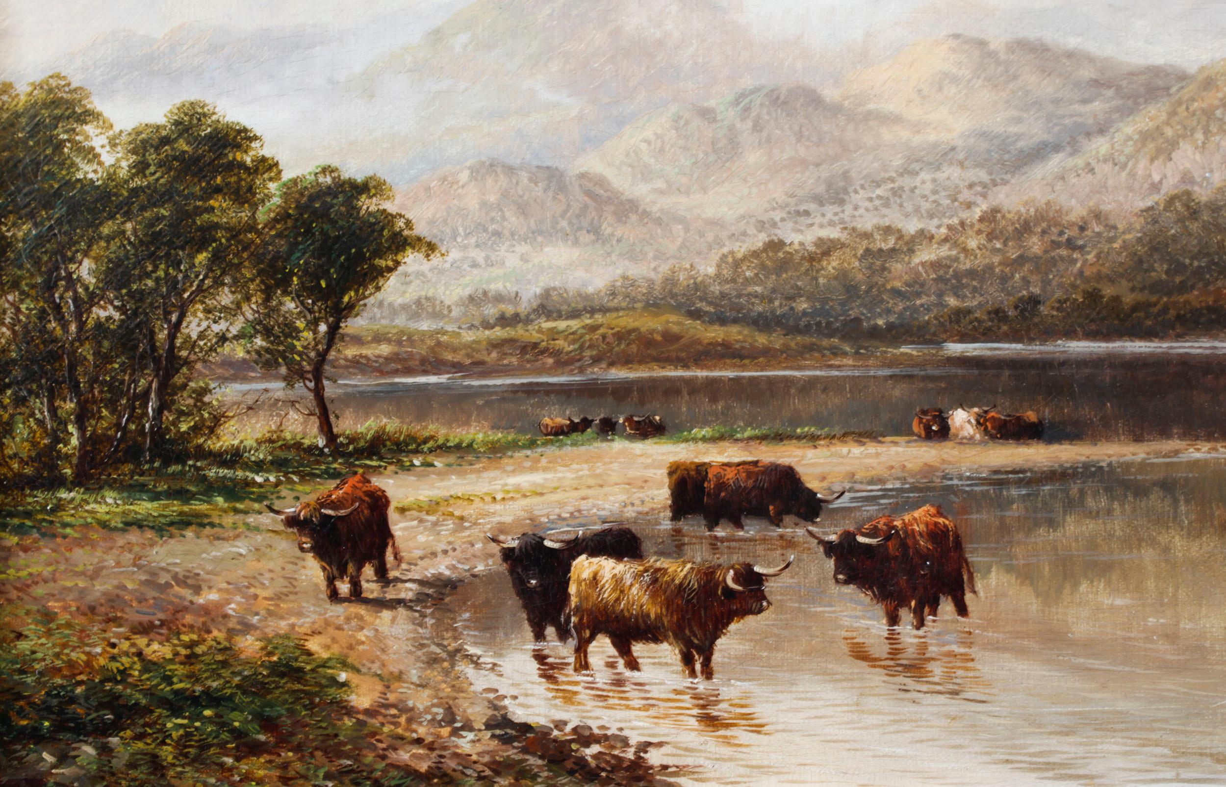 Antique Pair Paintings Highland Cattle' William Langley 19th Century 8
