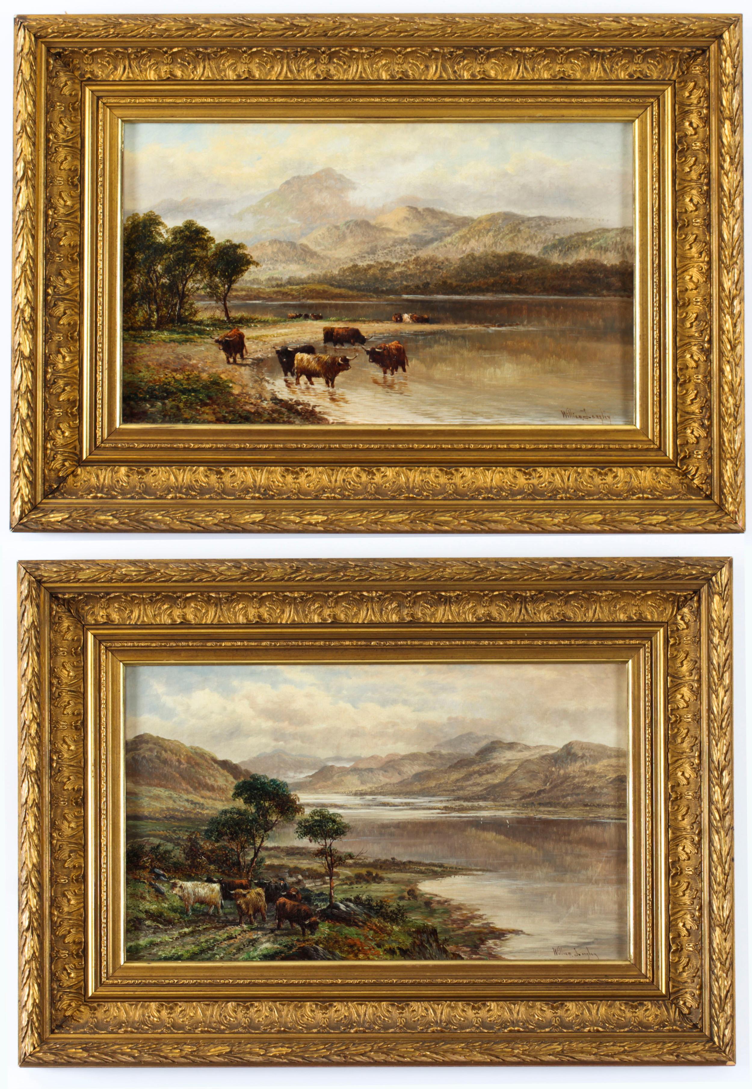 Antique Pair Paintings Highland Cattle' William Langley 19th Century 14