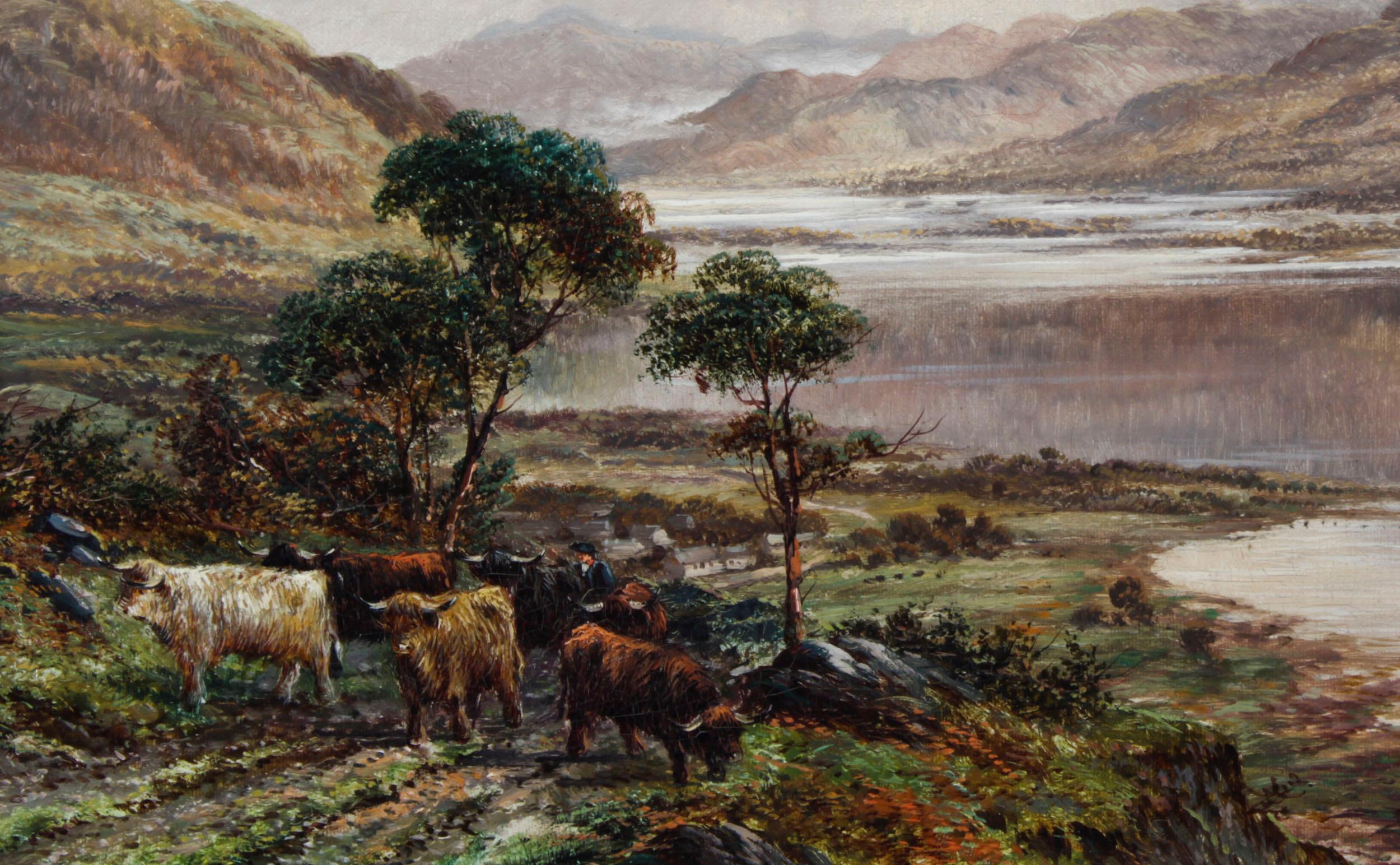 Canvas Antique Pair Paintings Highland Cattle' William Langley 19th Century