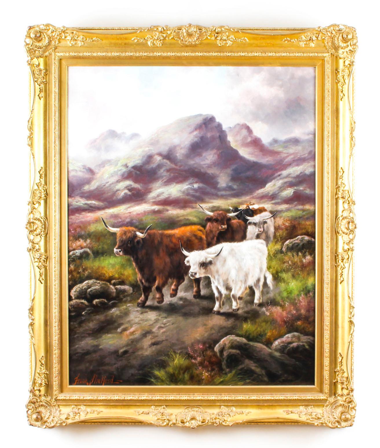 A beautiful pair of oil on canvas Scottish countryside scenes by Frank Stafford circa 1880 in date.
 
Both feature a herd of colourful highland cattle in the beautiful rugged west coast Scottish highlands landscape with vast mountains in the