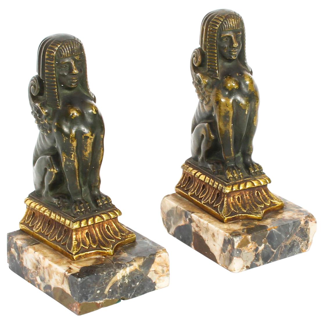 Antique Pair of Patinated Bronze Sphinx Library Bookends, 19th Century