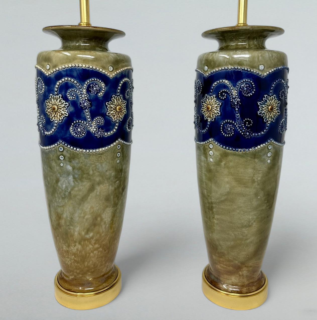 English Antique Pair Porcelain Royal Doulton Ceramic Art Nouveau Electric Table Lamps  For Sale