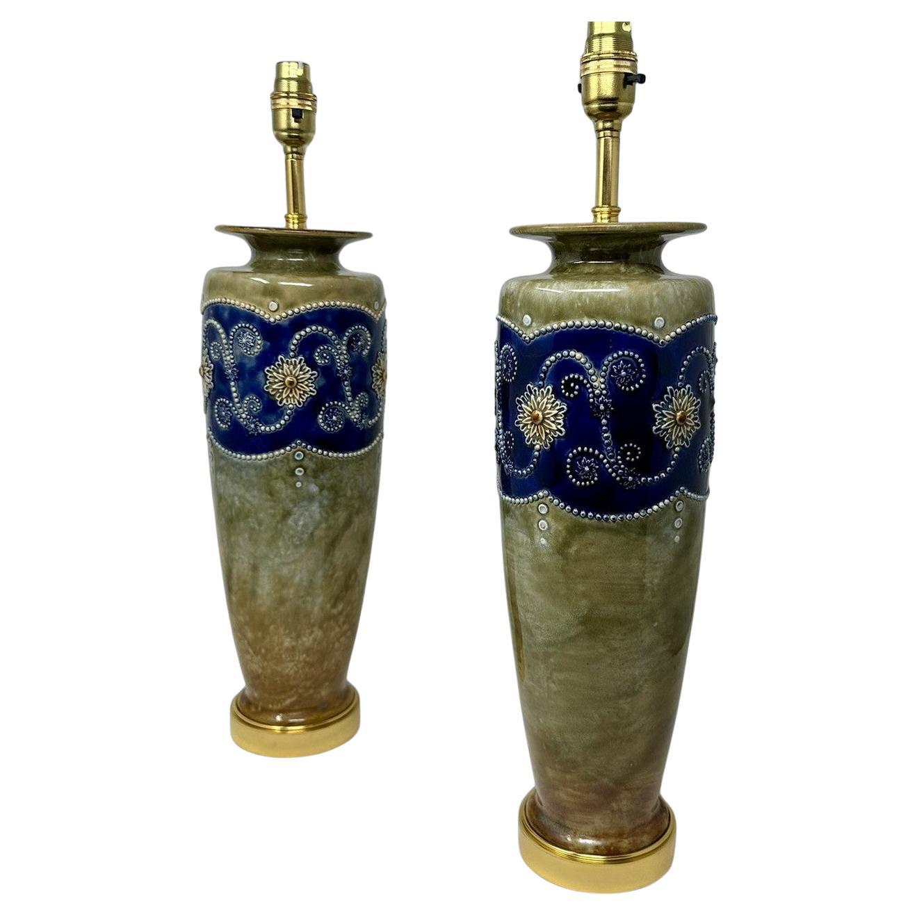 Antique Pair Porcelain Royal Doulton Ceramic Art Nouveau Electric Table Lamps  For Sale