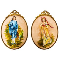 Antique Pair of Porcelain Wall Plaques Ormolu Frames, 19th Century