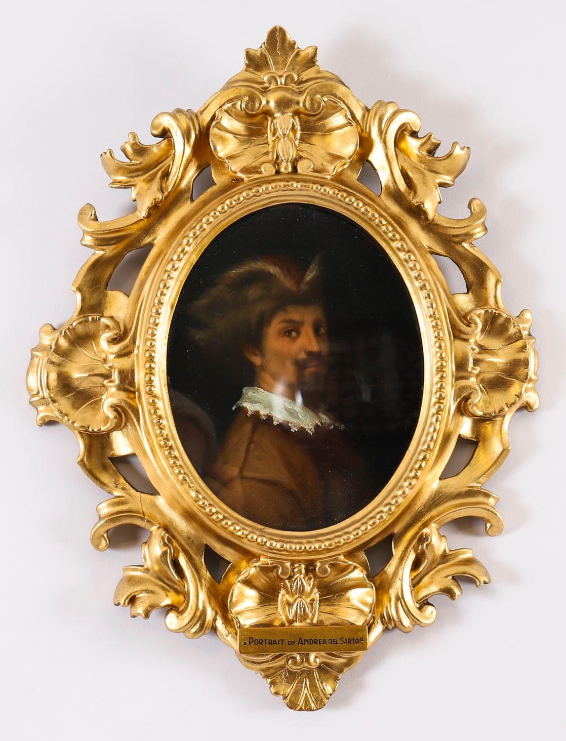 A lovely pair of Italian School oil on oval panel self-portraits of Raphael and Andrea del Sarto housed in the original and beautiful Florentine carved giltwood frames,  early 19th Century in date.

One a self portrait of the artist Raphael after