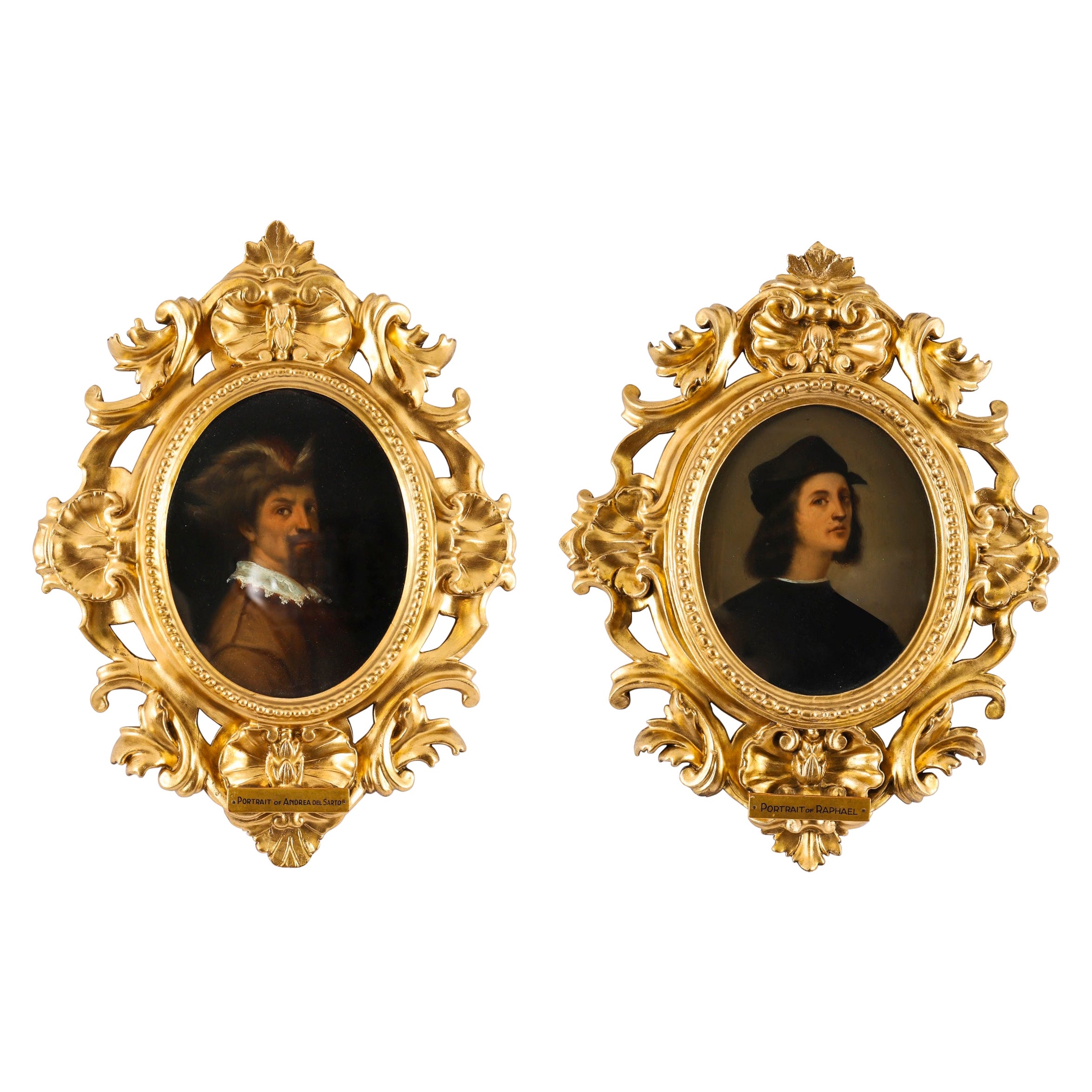 Antique Pair  Portraits Raphael &Andrea del Sarto Florentine Frames 19thCentury For Sale