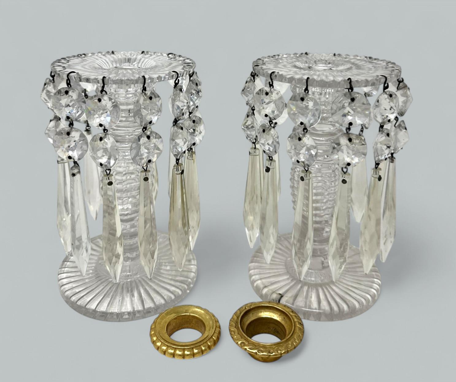 Victorian Antique Pair poss Irish Crystal Hand Cut Lead Lustres Vases Candlesticks Ireland For Sale