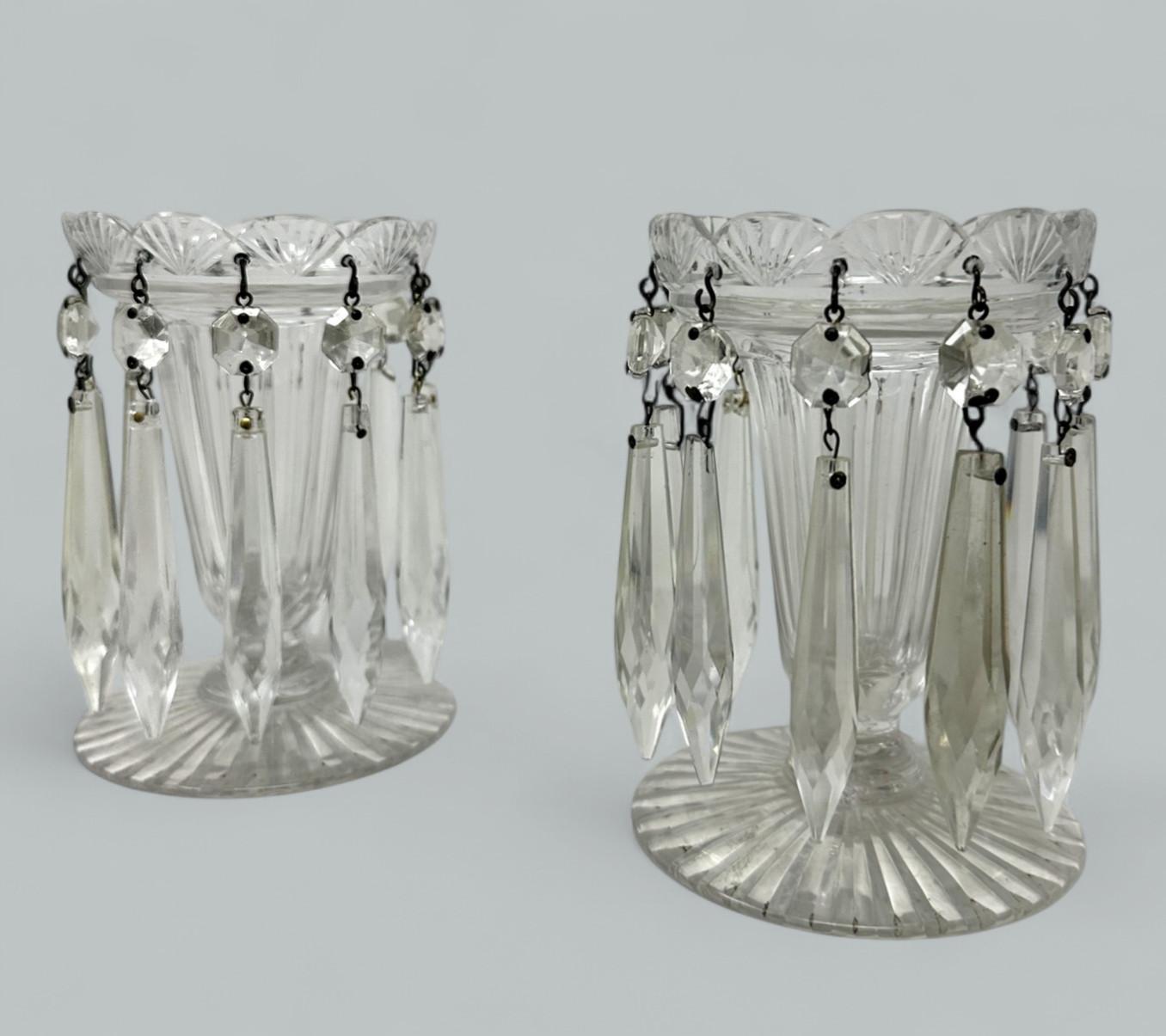 A Stylish Example of a Fine Pair of Hand Cut Full Lead Crystal Lusters of outstanding heavy gauge quality and seldom seen small proportions, just over five inches tall, possibly made by in Ireland by the World-famous Irish Glass Company Waterford