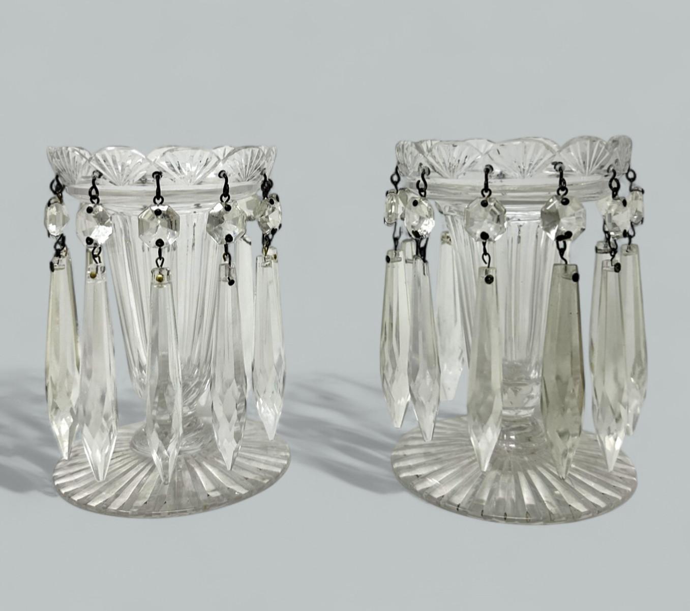 Victorian Antique Pair possibly Irish Crystal Hand Cut Full Lead Lustres Vases Ireland 19C For Sale