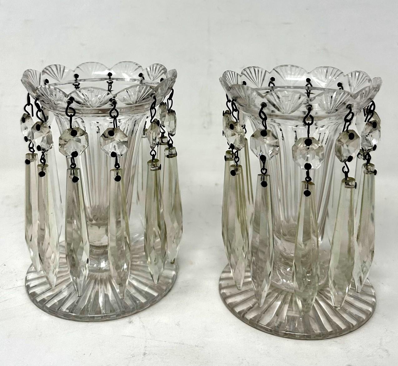 Victorian Antique Pair possibly Irish Crystal Hand Cut Full Lead Lustres Vases Ireland 19C For Sale