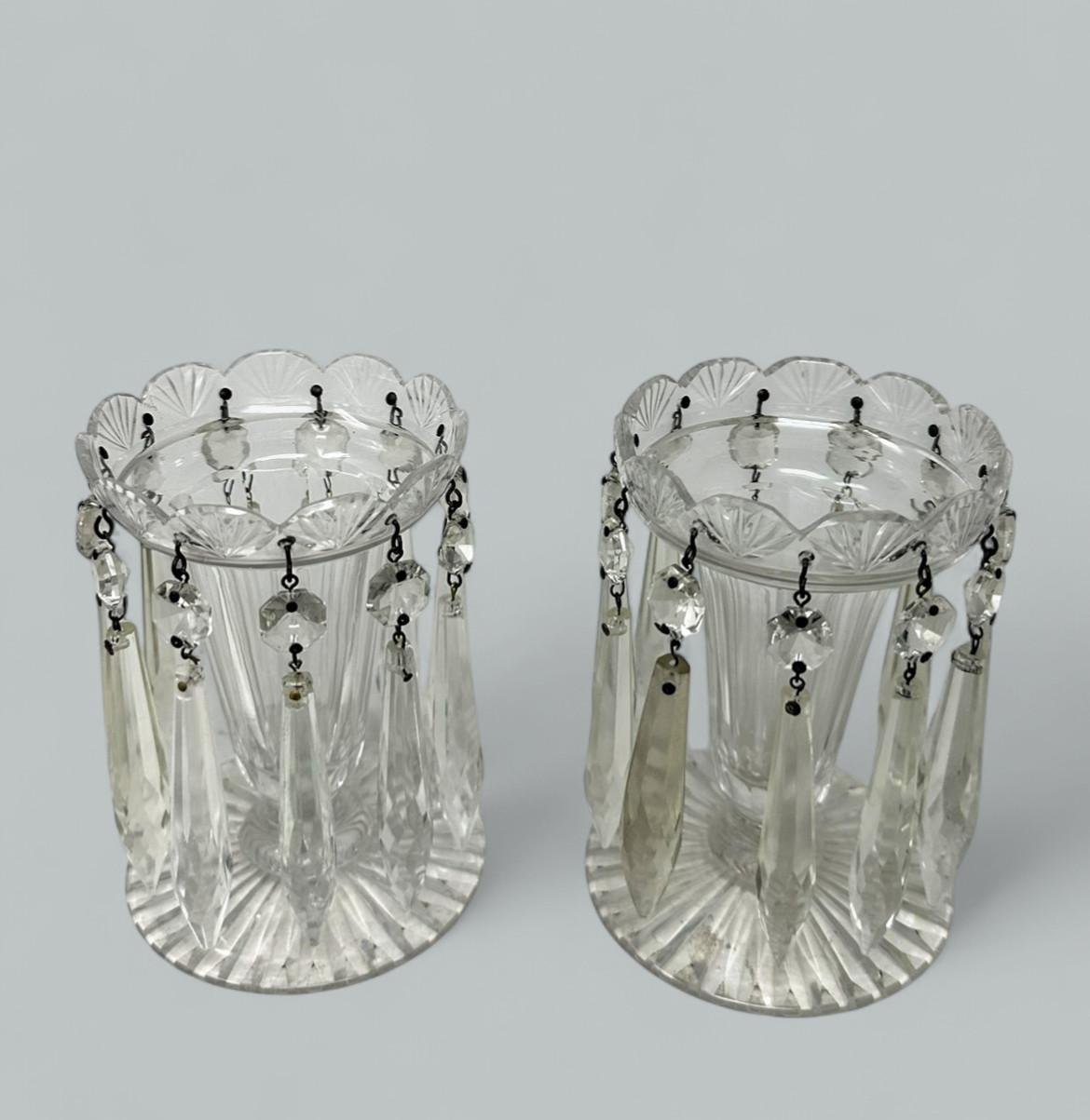 Hand-Carved Antique Pair possibly Irish Crystal Hand Cut Full Lead Lustres Vases Ireland 19C For Sale