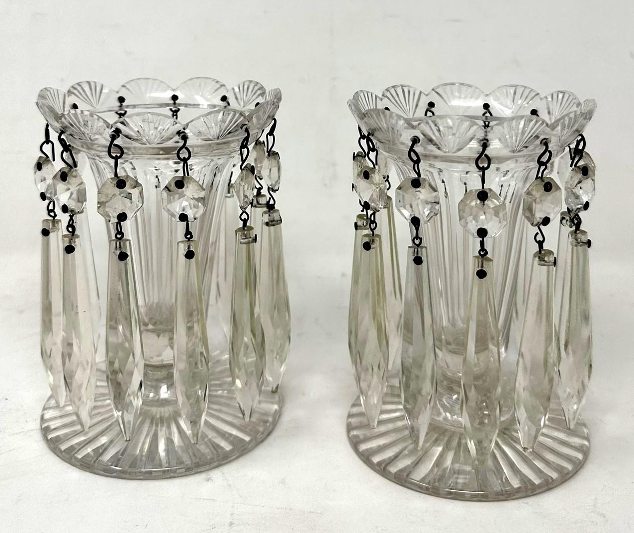 Hand-Carved Antique Pair possibly Irish Crystal Hand Cut Full Lead Lustres Vases Ireland 19C For Sale