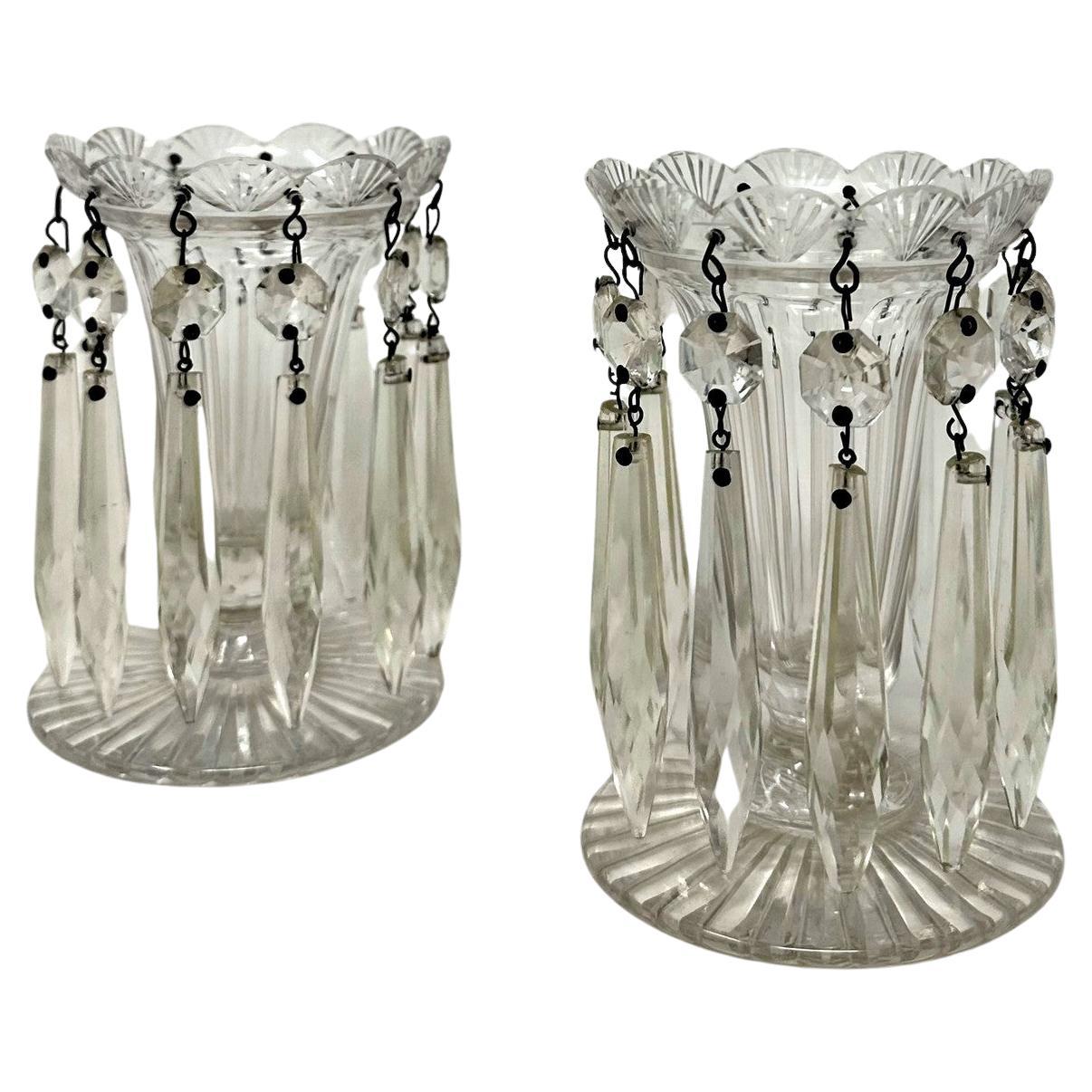 Antique Pair possibly Irish Crystal Hand Cut Full Lead Lustres Vases Ireland 19C For Sale