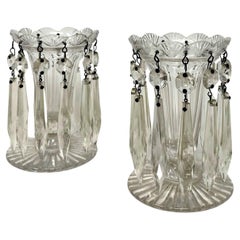 Antique Pair possibly Irish Crystal Hand Cut Full Lead Lustres Vases Ireland 19C