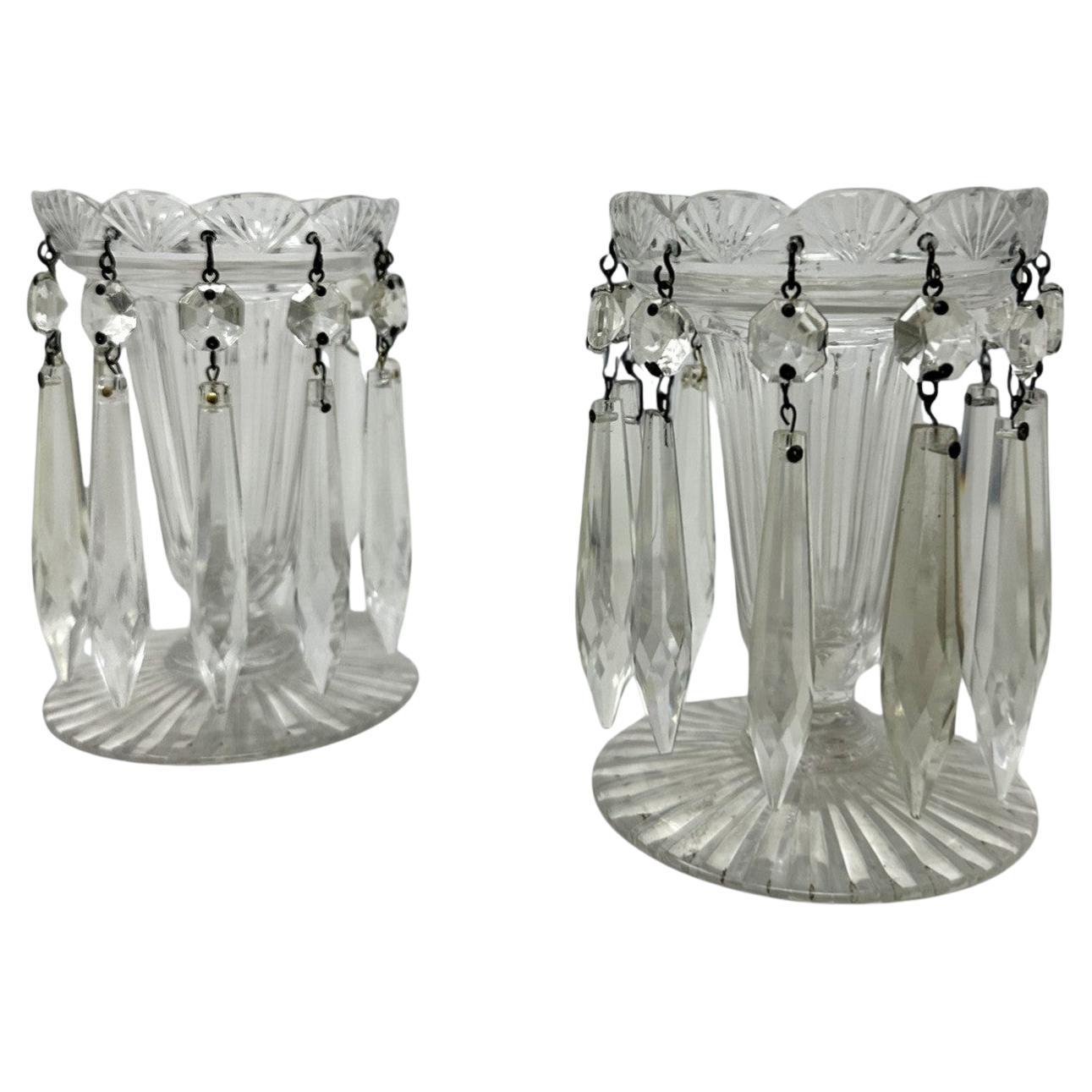 Antique Pair possibly Irish Crystal Hand Cut Full Lead Lustres Vases Ireland 19C For Sale