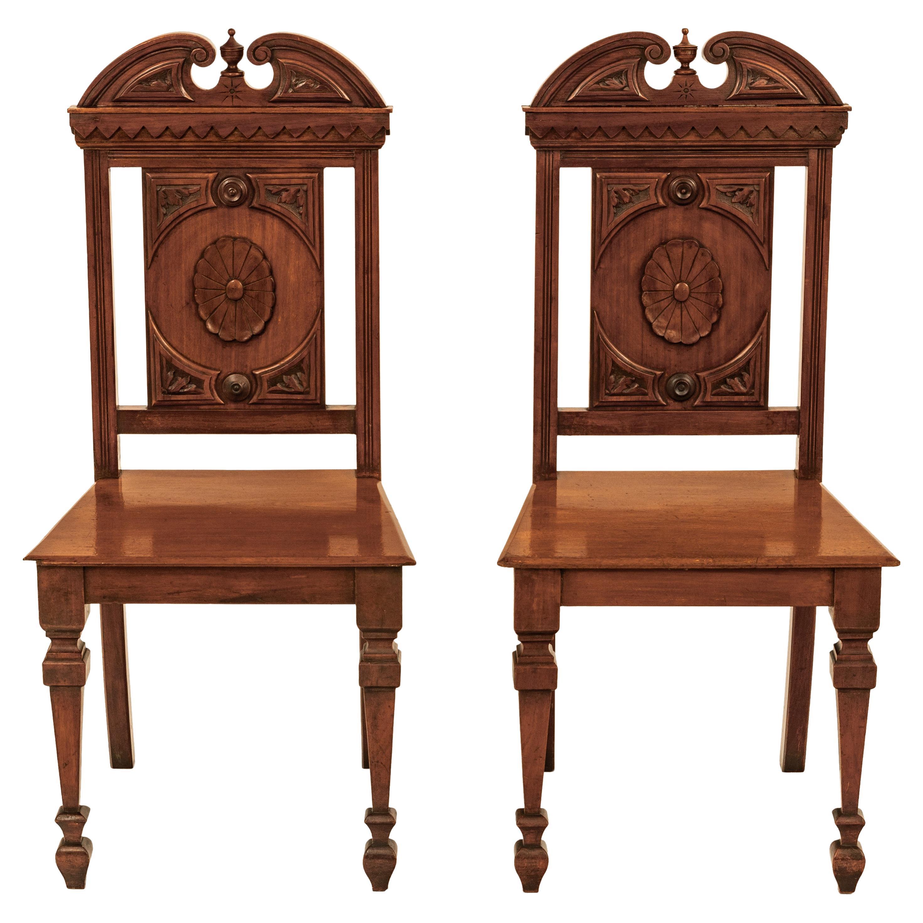 Antique Pair Regency George IV Neo-Classical Architectural Mahogany Hall Chairs For Sale