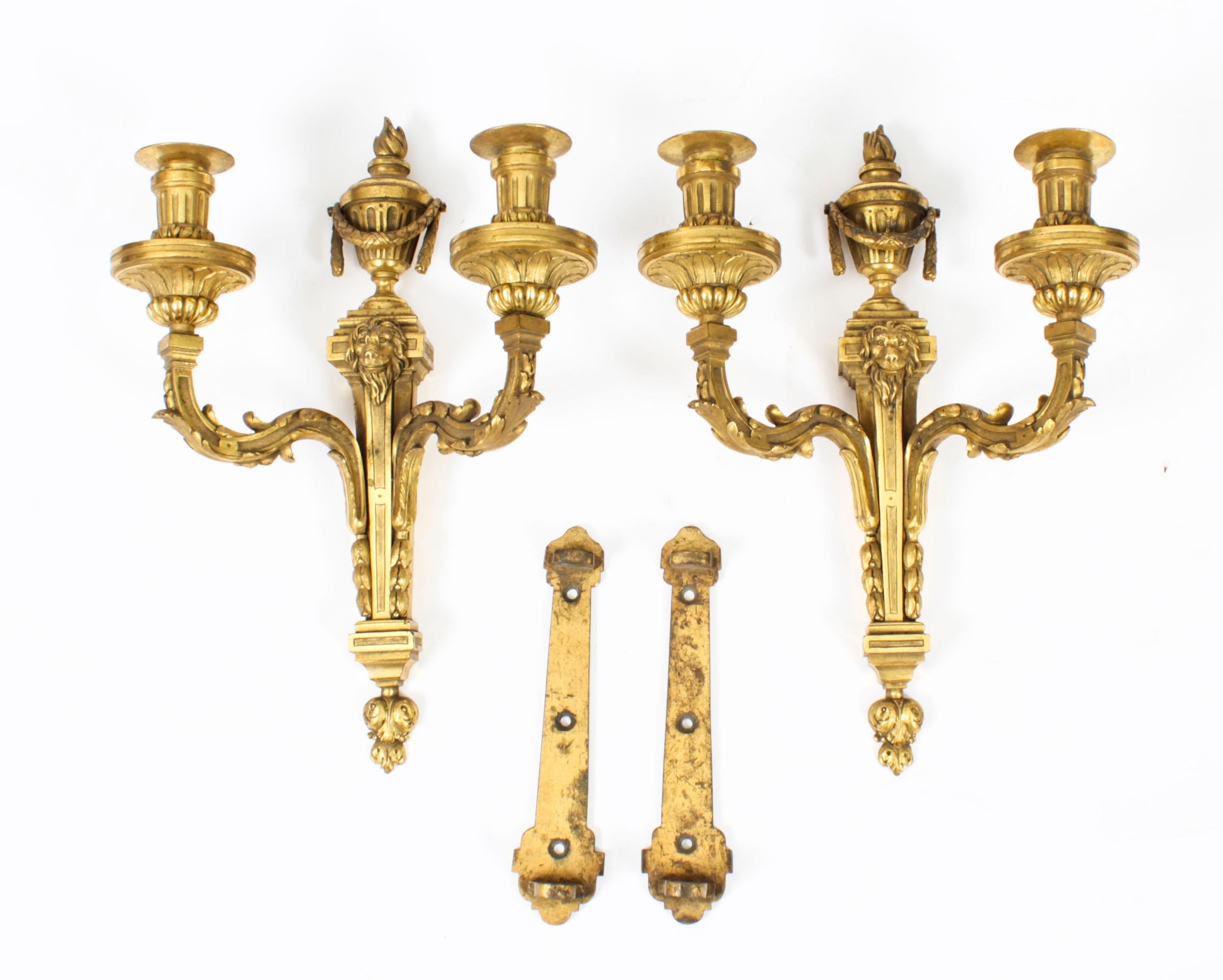 Antique Pair Regency Revival Ormolu Wall Lights Appliques Mid 19th Century For Sale 7