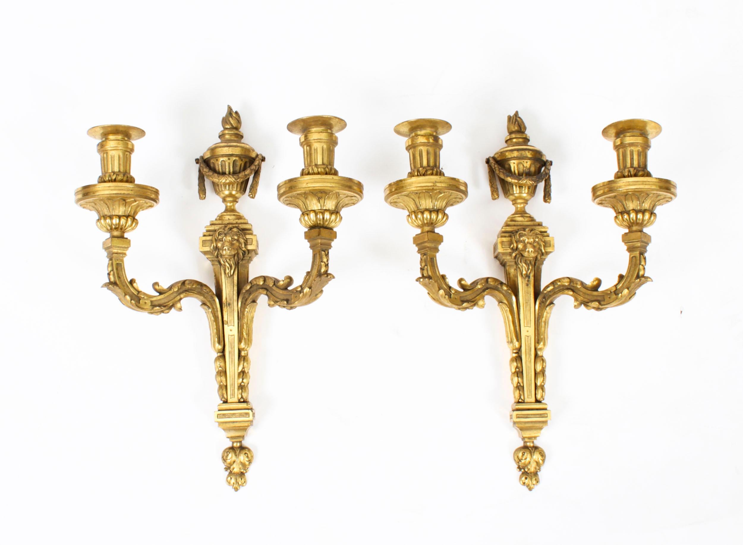 Antique Pair Regency Revival Ormolu Wall Lights Appliques Mid 19th Century For Sale 8