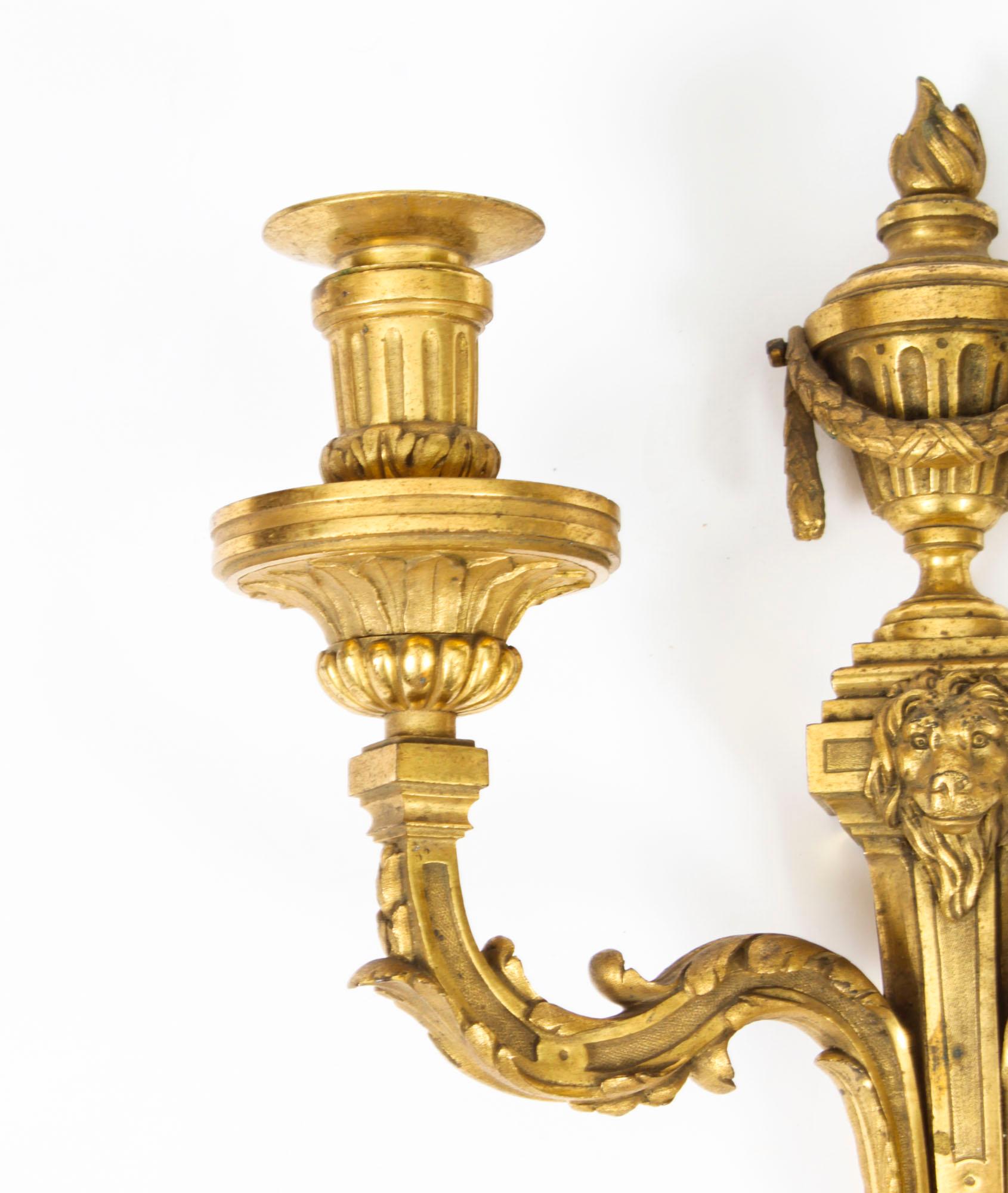 Antique Pair Regency Revival Ormolu Wall Lights Appliques Mid 19th Century For Sale 5