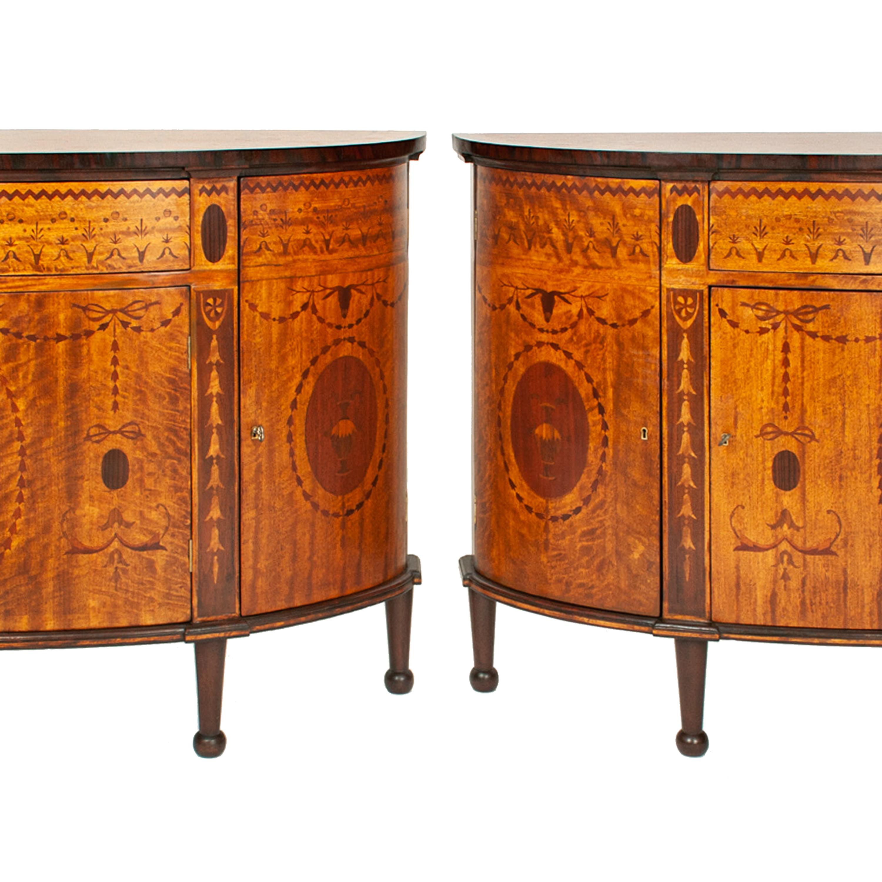 Antique Pair Regency Sheraton Marquetry Inlaid Mahogany Demi Lune Cabinets 1900 3