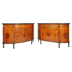 Antique Pair Regency Sheraton Marquetry Inlaid Mahogany Demi Lune Cabinets 1900
