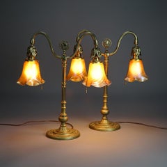 Antique Pair Rembrandt School Brass Double Bankers Lamps with Art Glass Shades