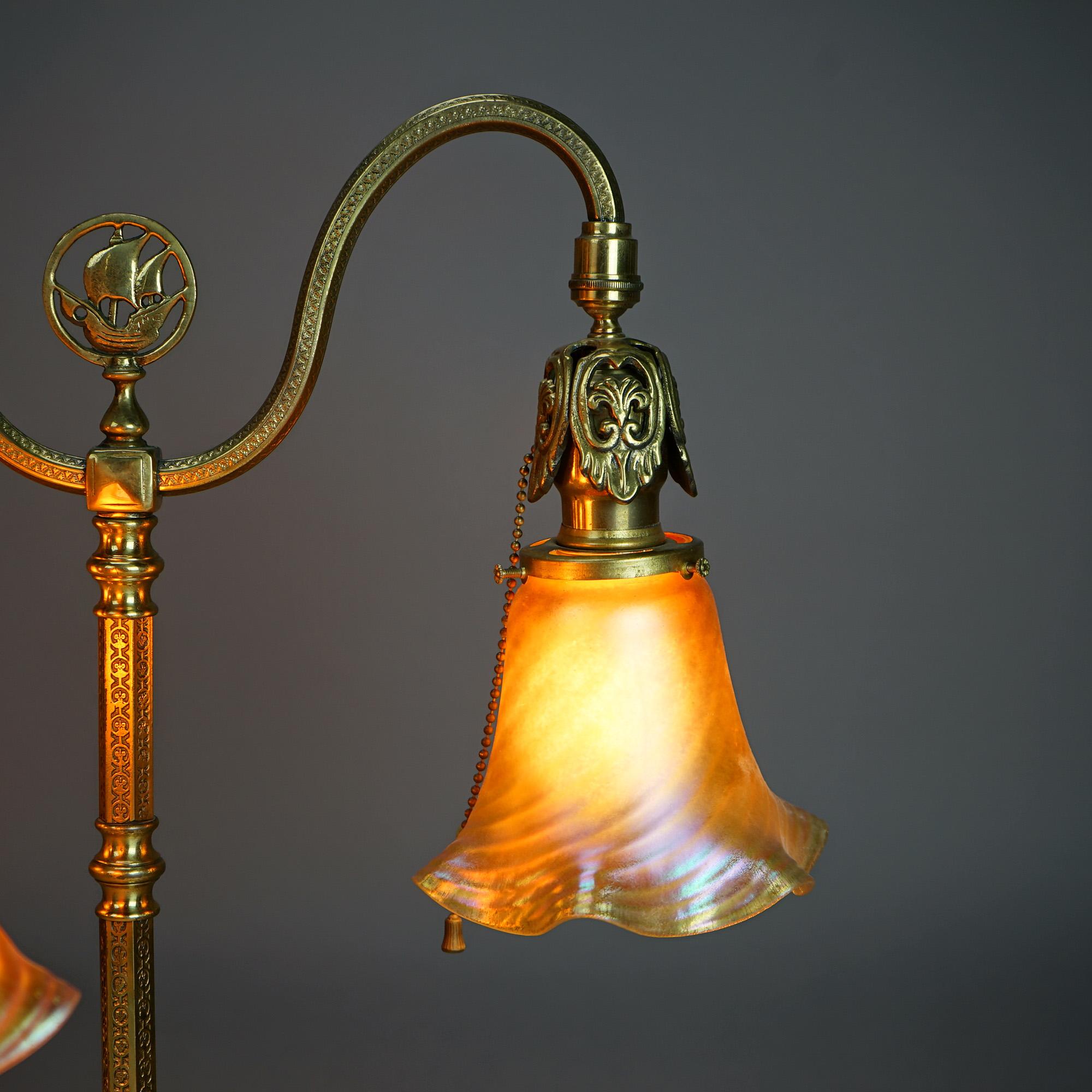 Cast  Antique Pair Rembrandt School Brass Double Bankers Lamps with Art Glass Shades