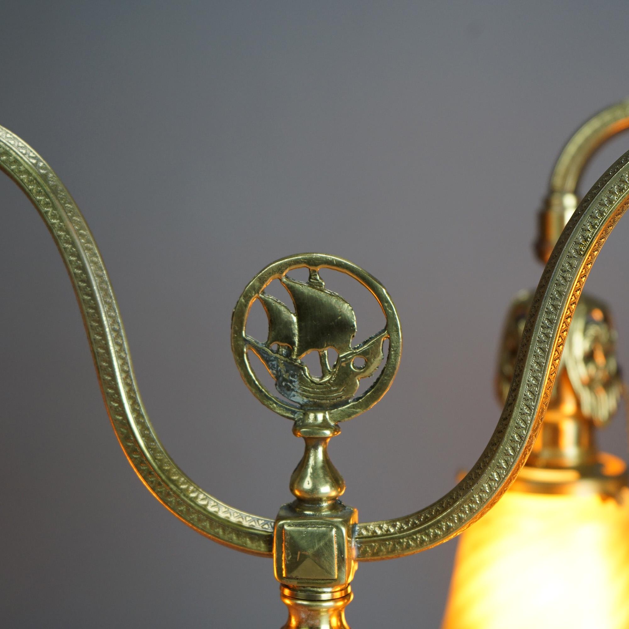  Antique Pair Rembrandt School Brass Double Bankers Lamps with Art Glass Shades In Good Condition In Big Flats, NY
