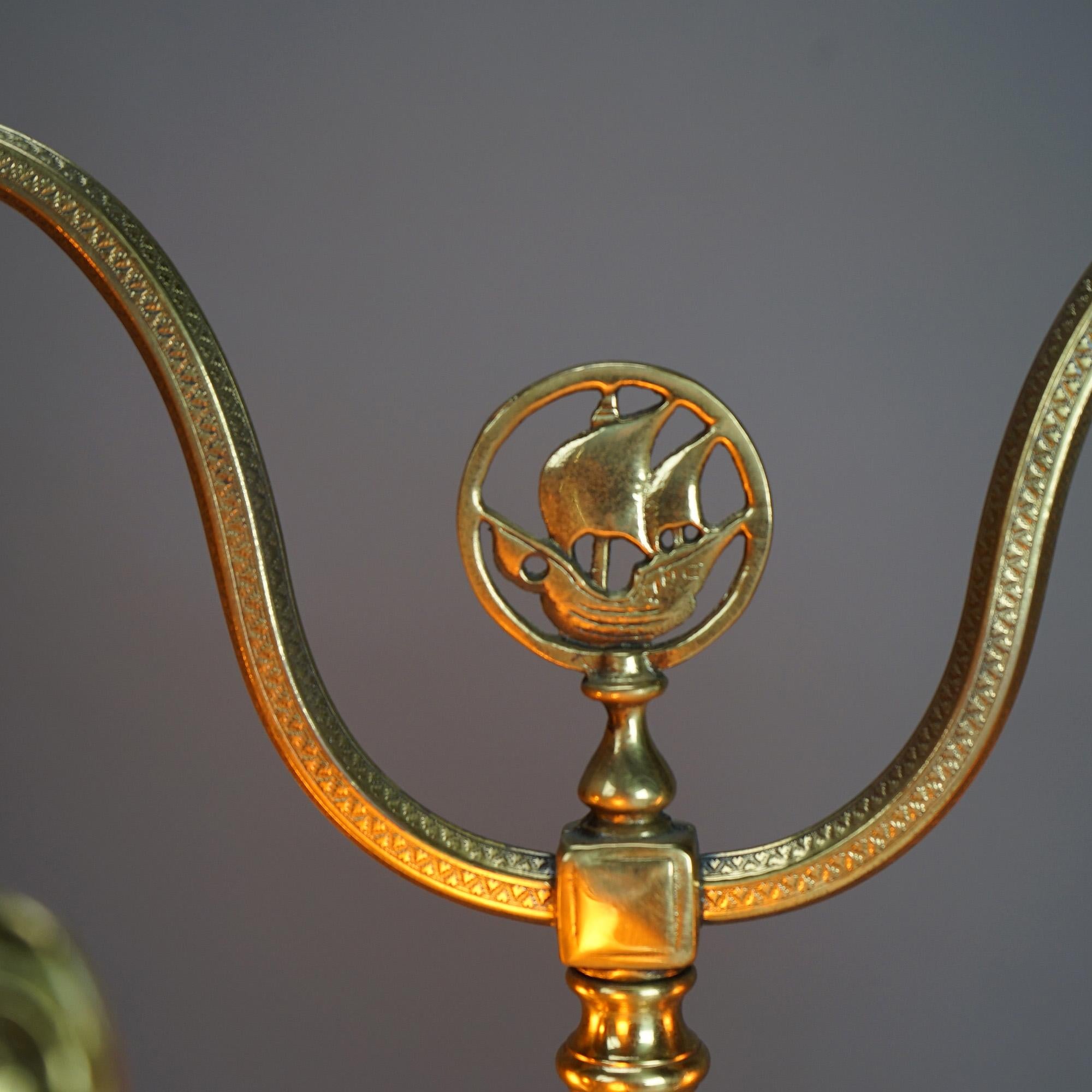 20th Century Antique Pair Rembrandt School Brass Double Bankers Lamps with Art Glass Shades