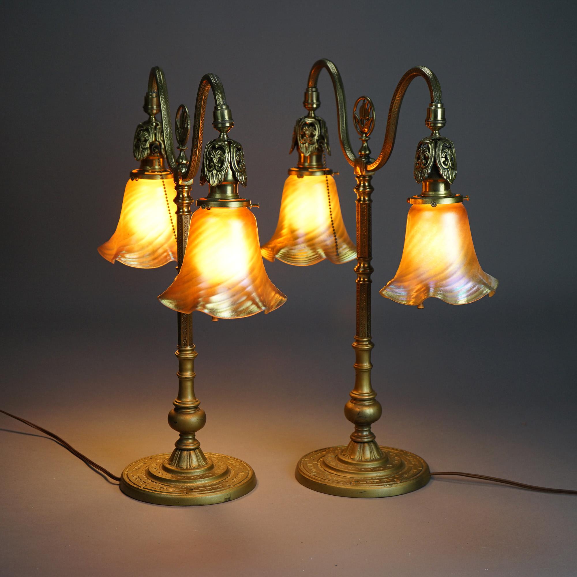  Antique Pair Rembrandt School Brass Double Bankers Lamps with Art Glass Shades 1