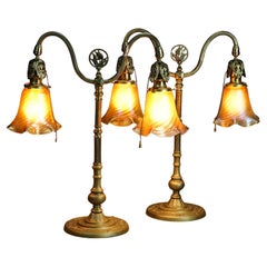  Antique Pair Rembrandt School Brass Double Bankers Lamps with Art Glass Shades