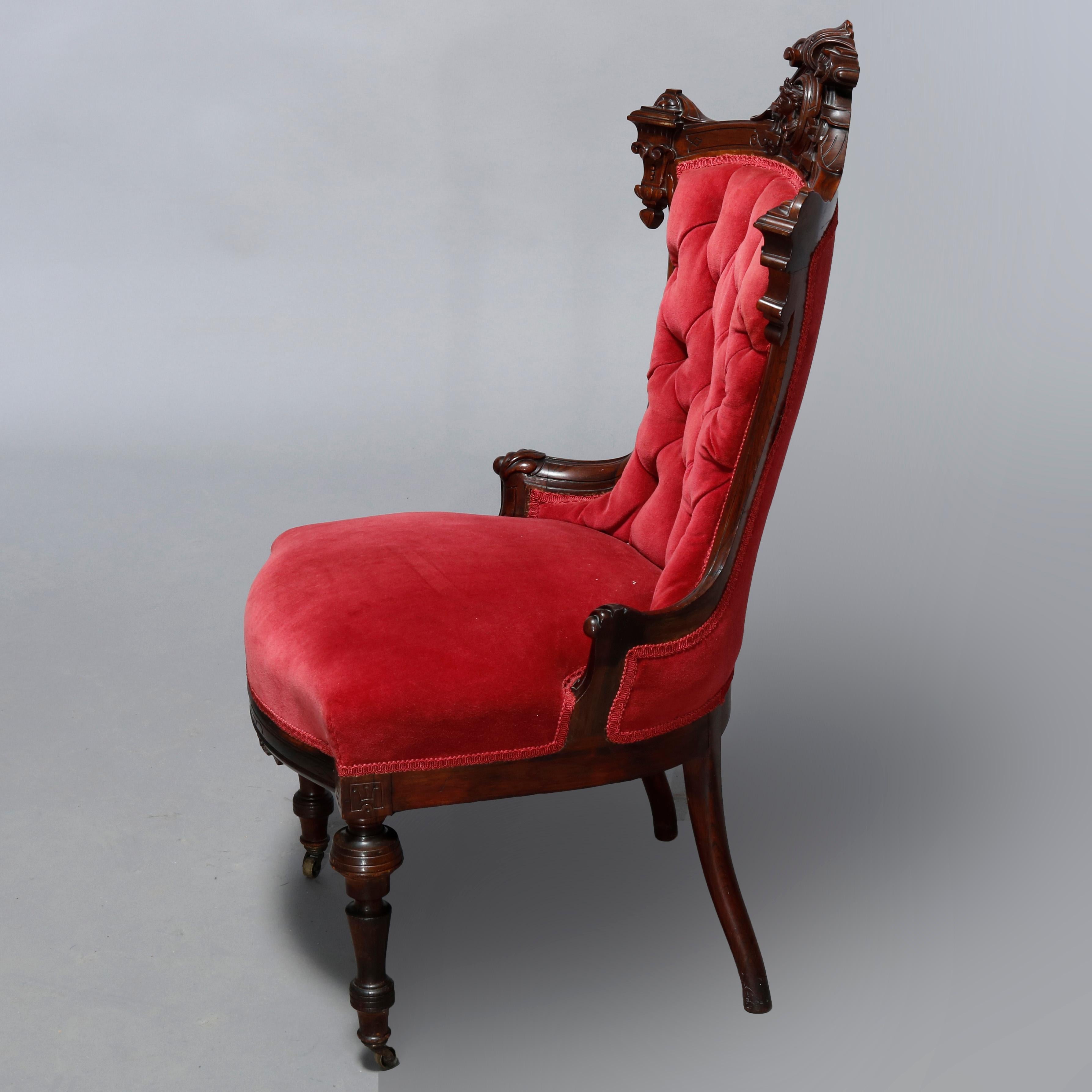Antique Pair Renaissance Revival Jelliff Carved Rosewood Figural Boudoir Chairs 5