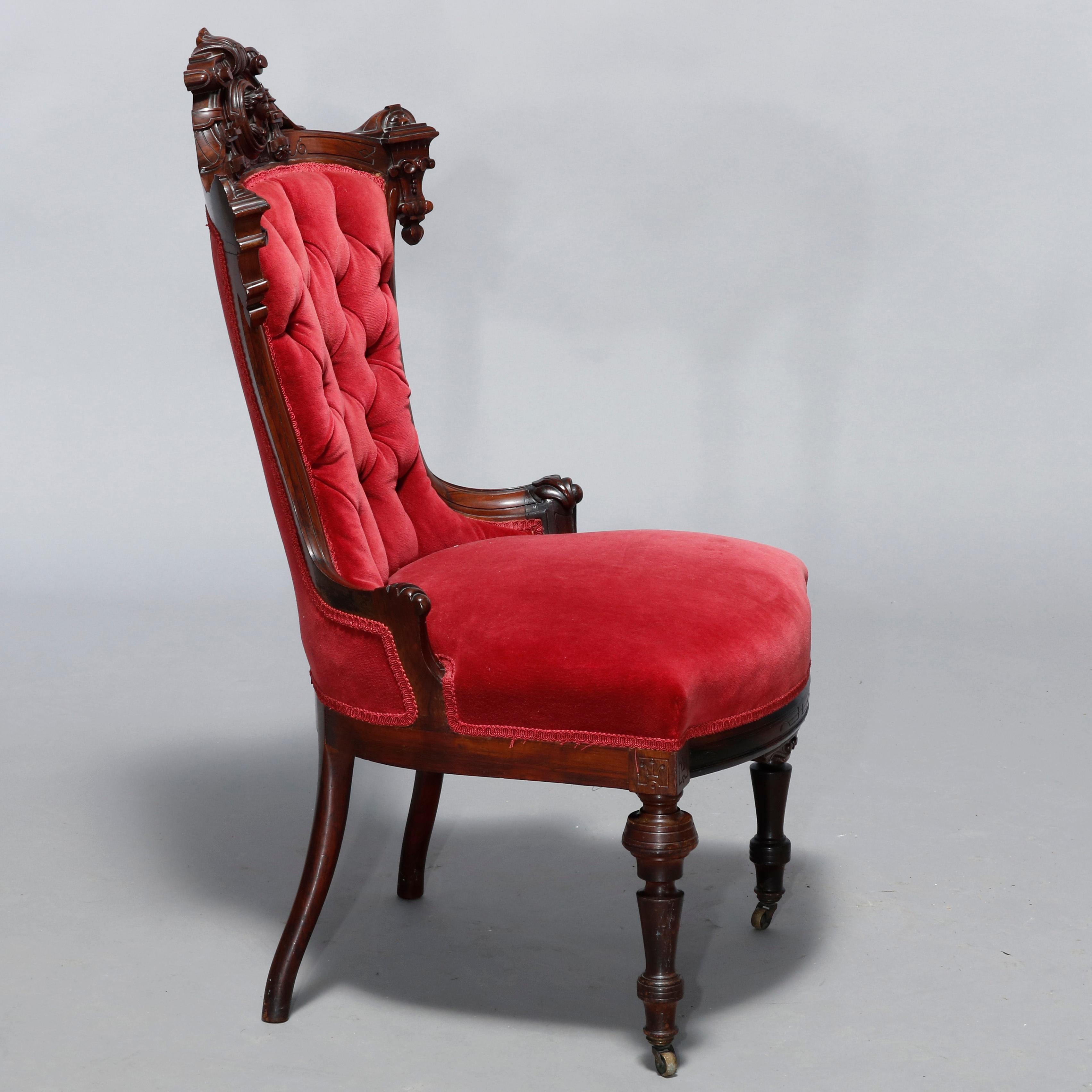 Antique Pair Renaissance Revival Jelliff Carved Rosewood Figural Boudoir Chairs 6