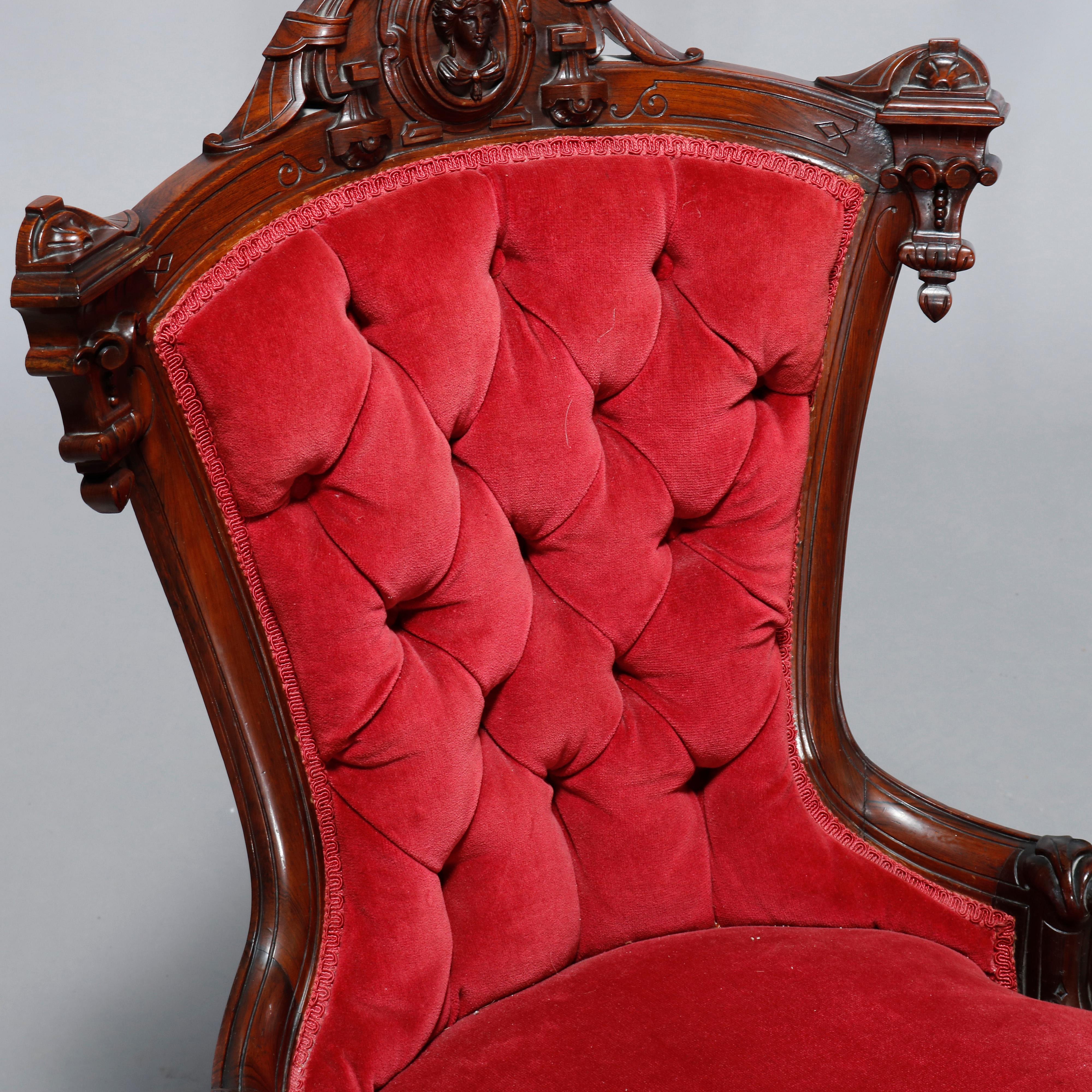 Antique Pair Renaissance Revival Jelliff Carved Rosewood Figural Boudoir Chairs 9