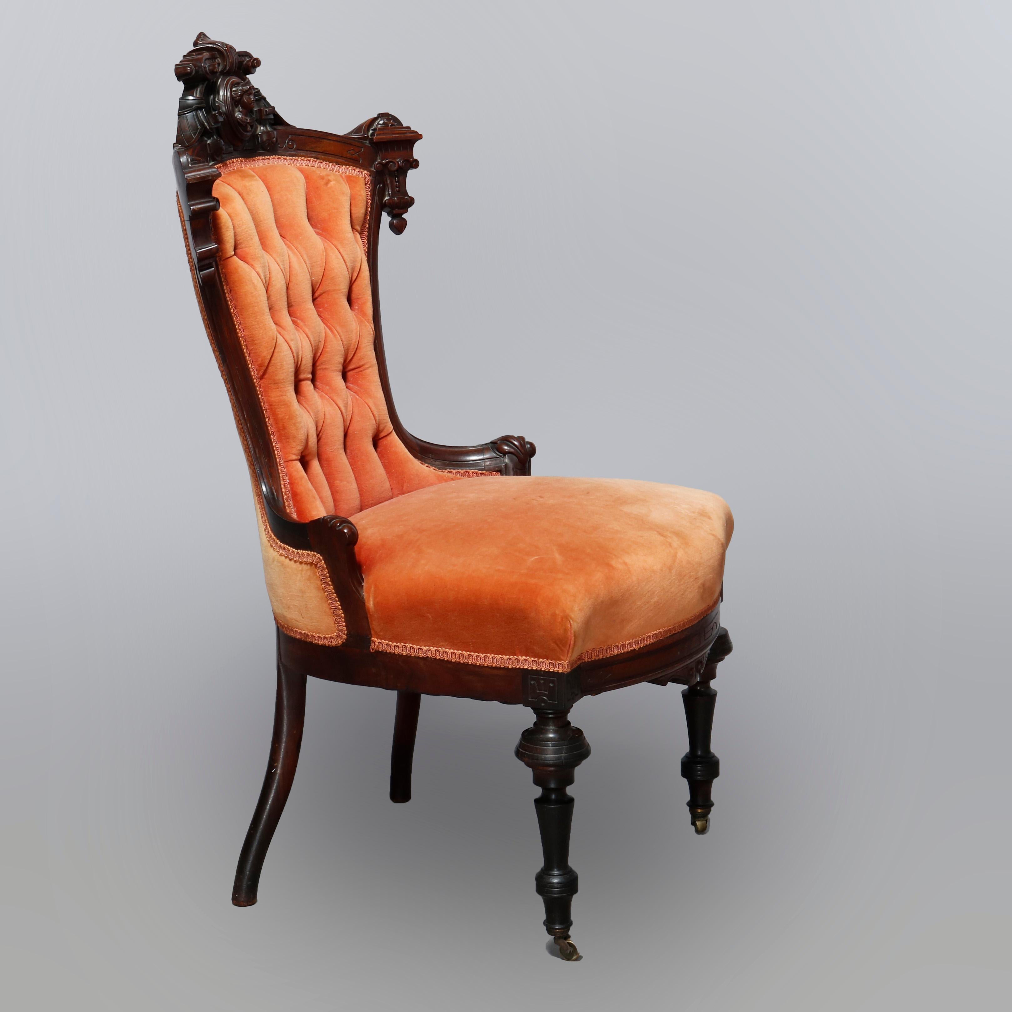 American Antique Pair Renaissance Revival Jelliff Carved Rosewood Figural Boudoir Chairs