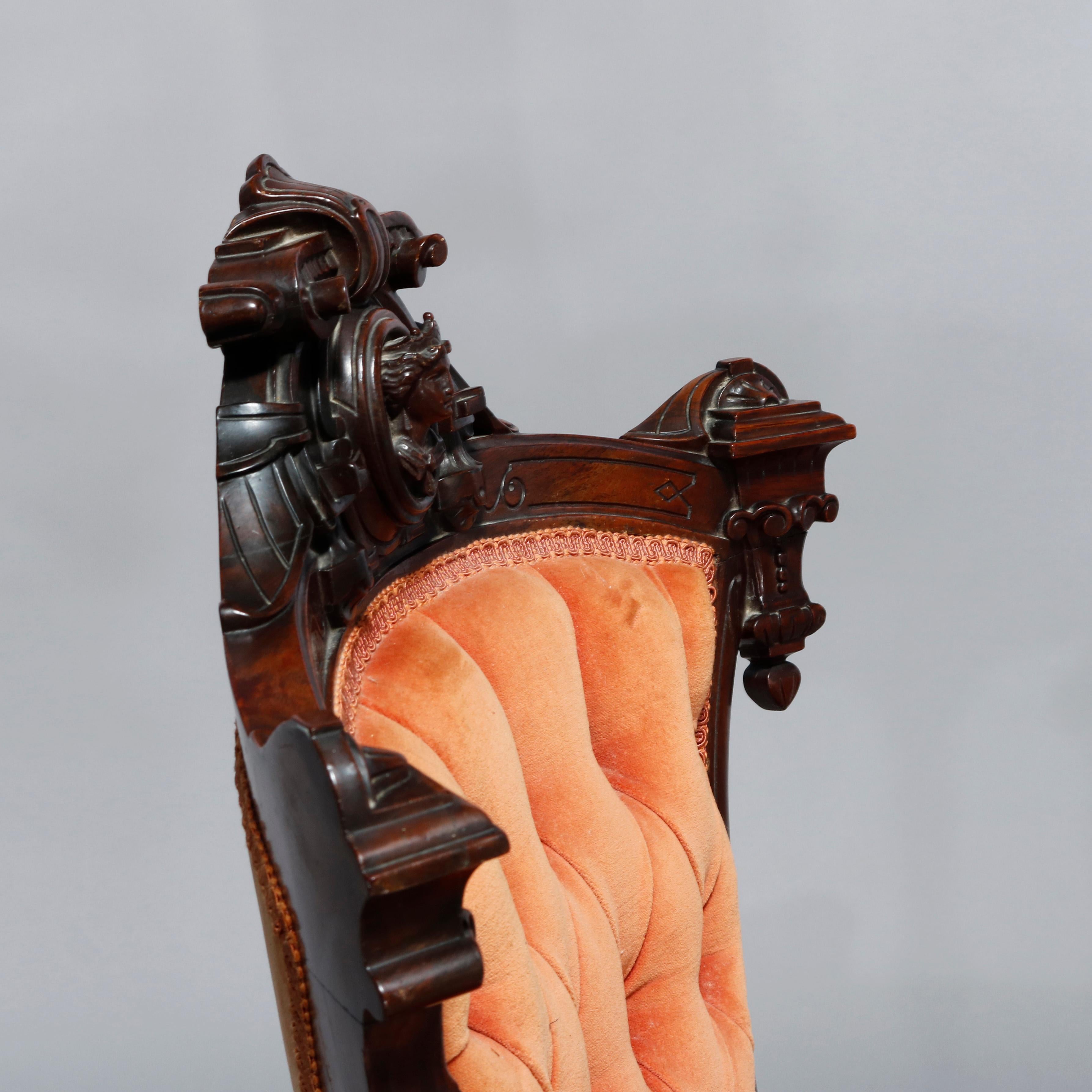 19th Century Antique Pair Renaissance Revival Jelliff Carved Rosewood Figural Boudoir Chairs
