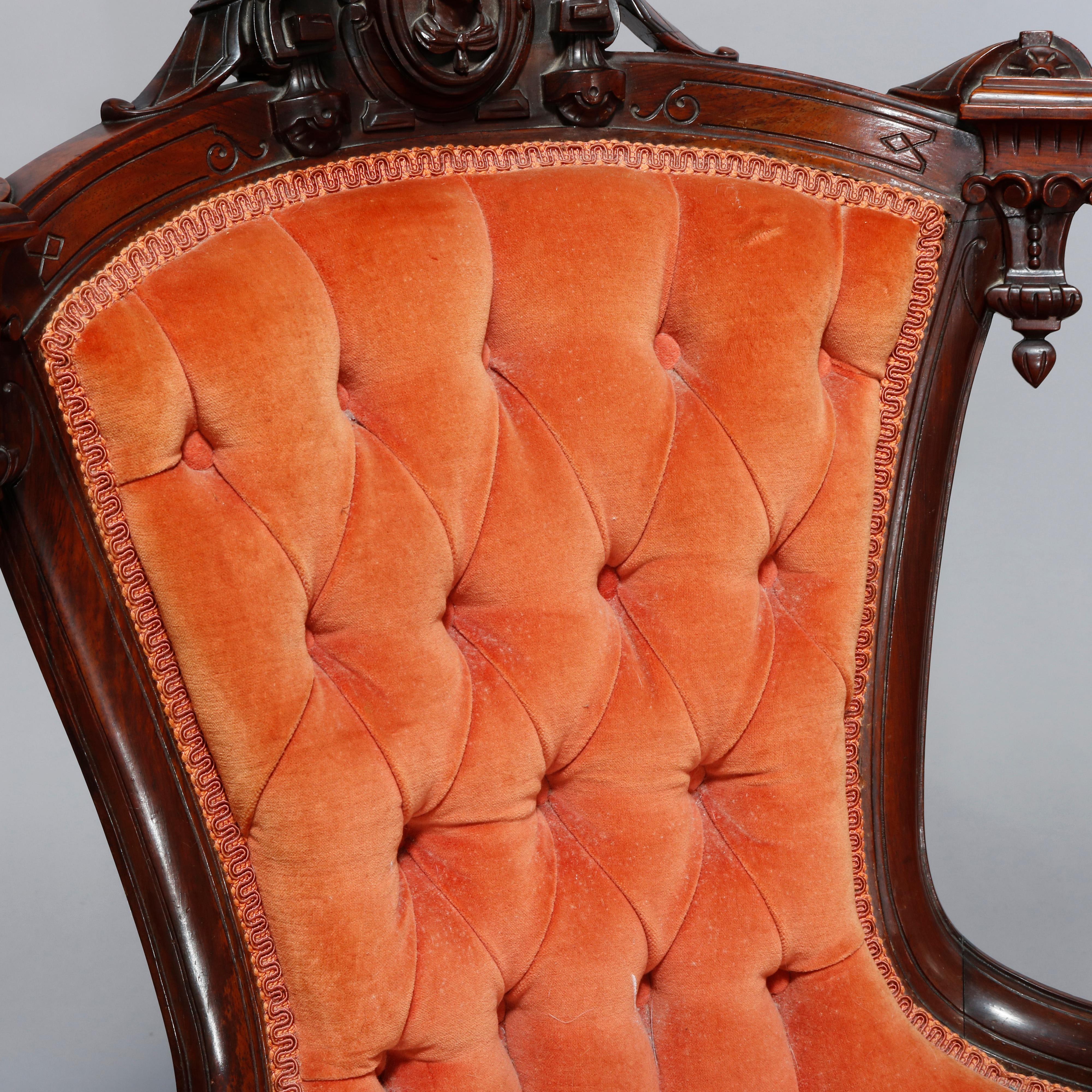 Upholstery Antique Pair Renaissance Revival Jelliff Carved Rosewood Figural Boudoir Chairs
