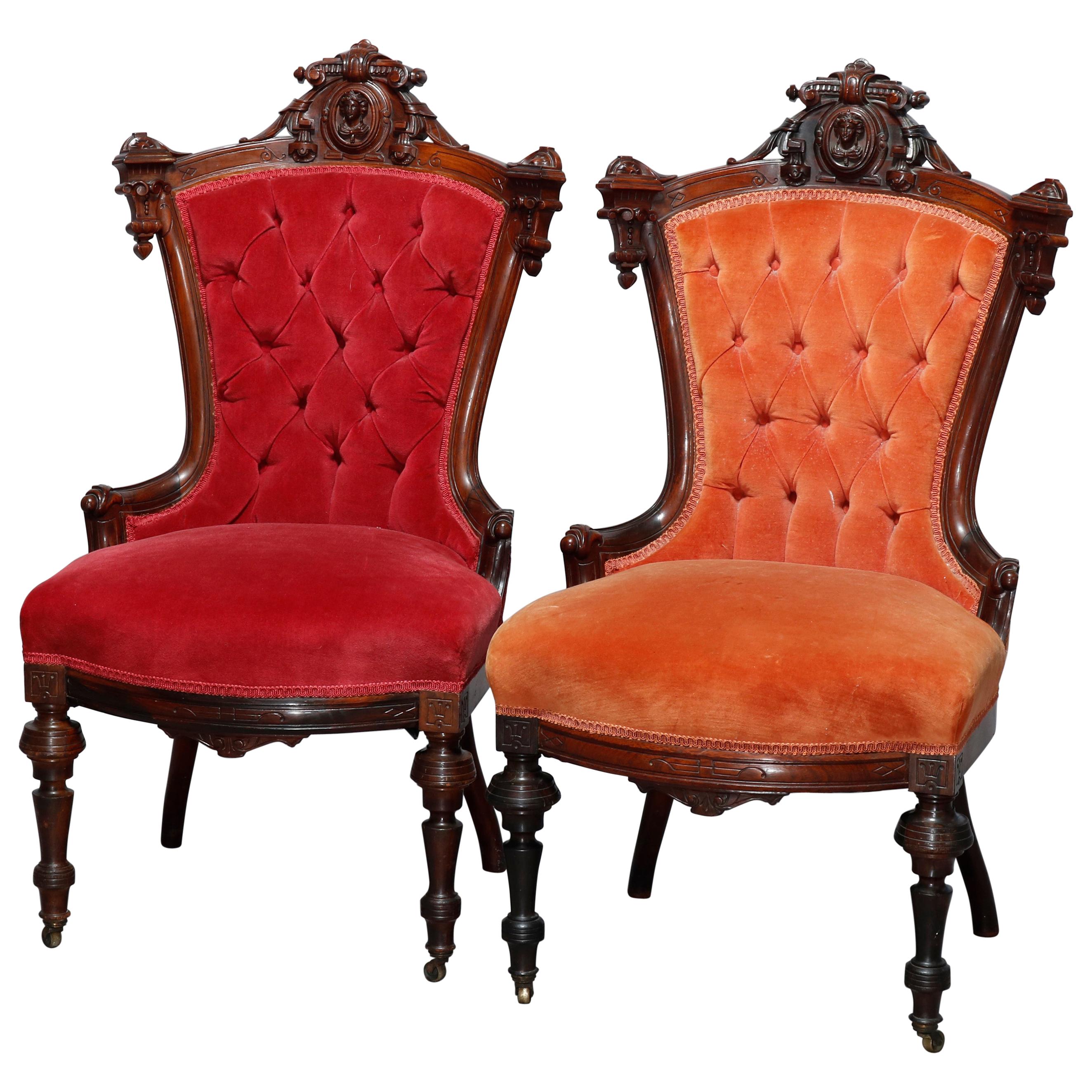 Antique Pair Renaissance Revival Jelliff Carved Rosewood Figural Boudoir Chairs