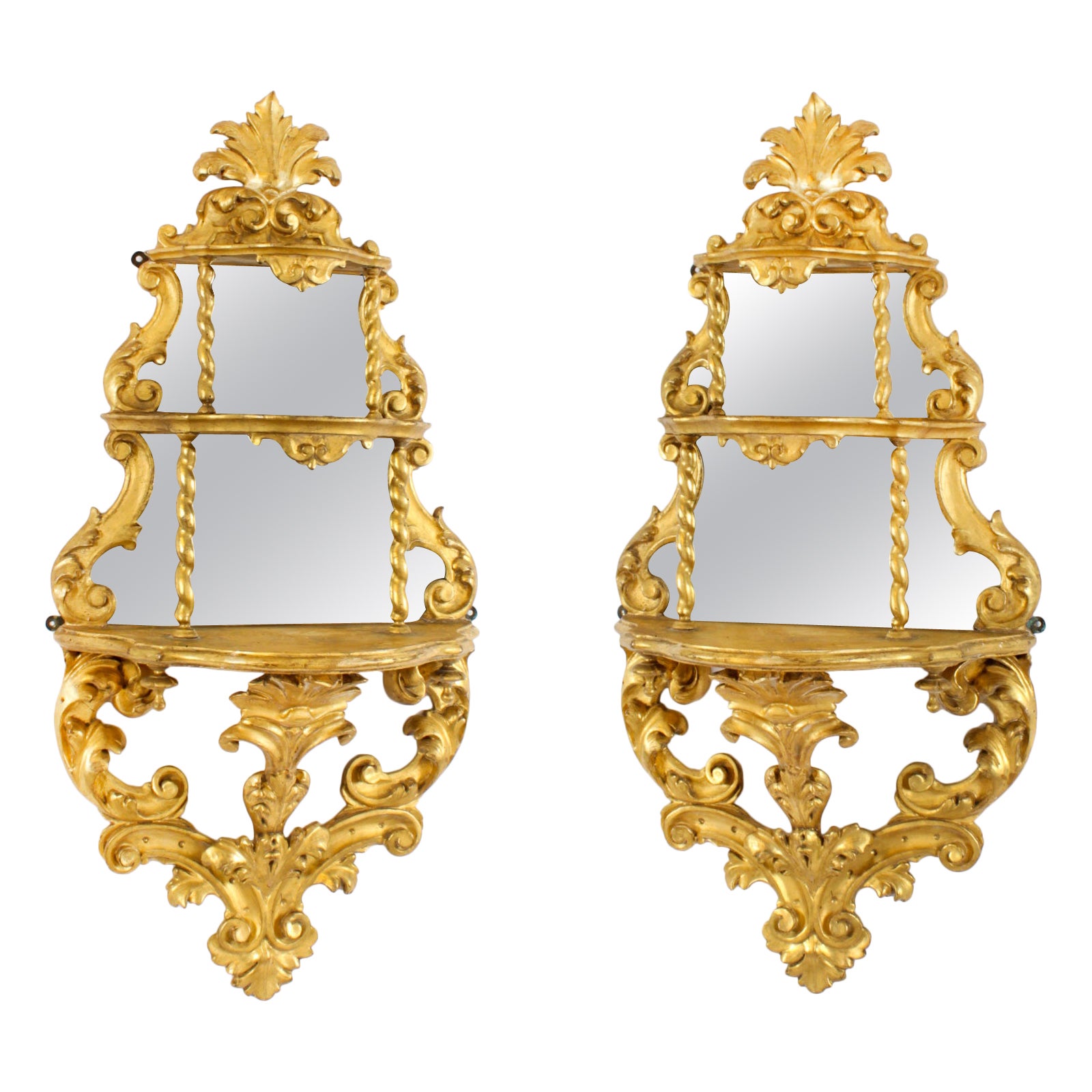 Antique Pair Rococo Giltwood Mirrored Wall Brackets 19th Century