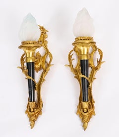 Antique Pair Rococo Revival Ormolu & Glass Wall Lights 20th Century