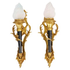 Antique Pair Rococo Revival Ormolu & Glass Wall Lights 20th Century
